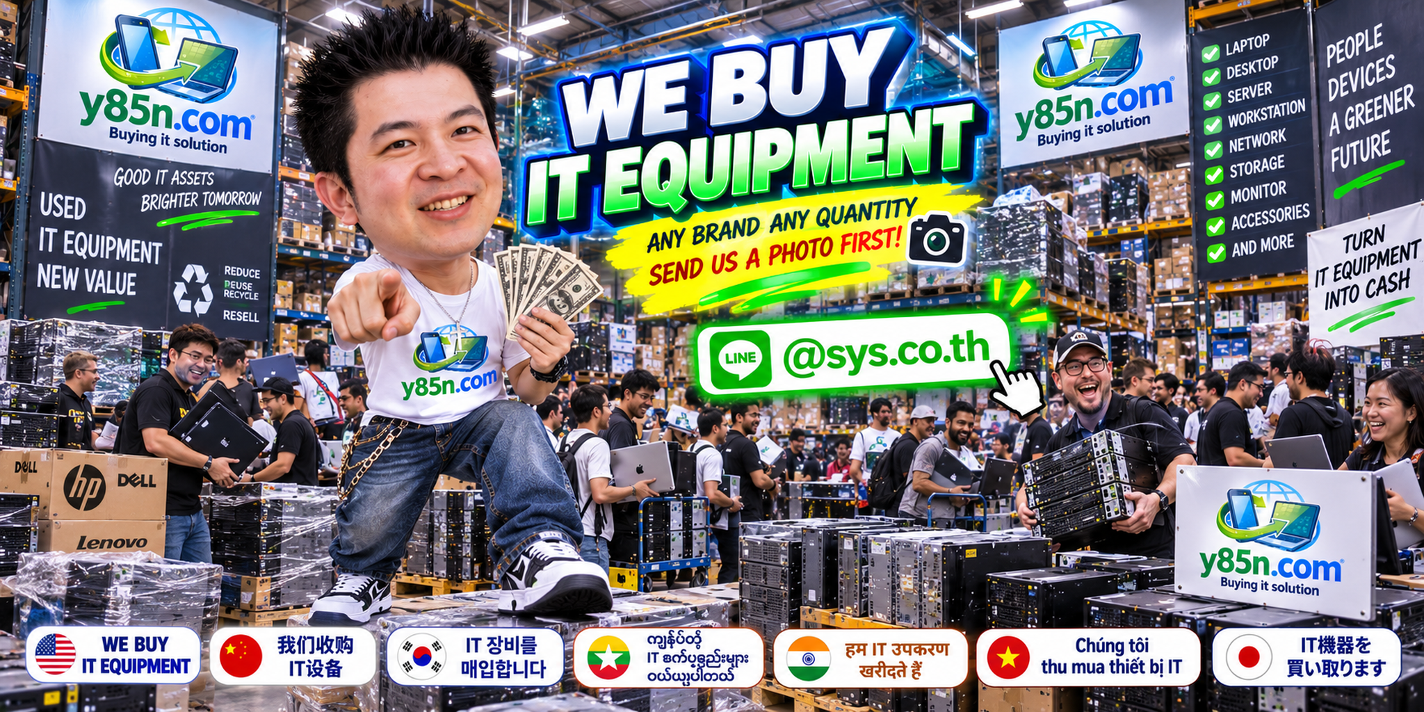 Y85N.com team and customers at a busy computer and IT equipment buying warehouse