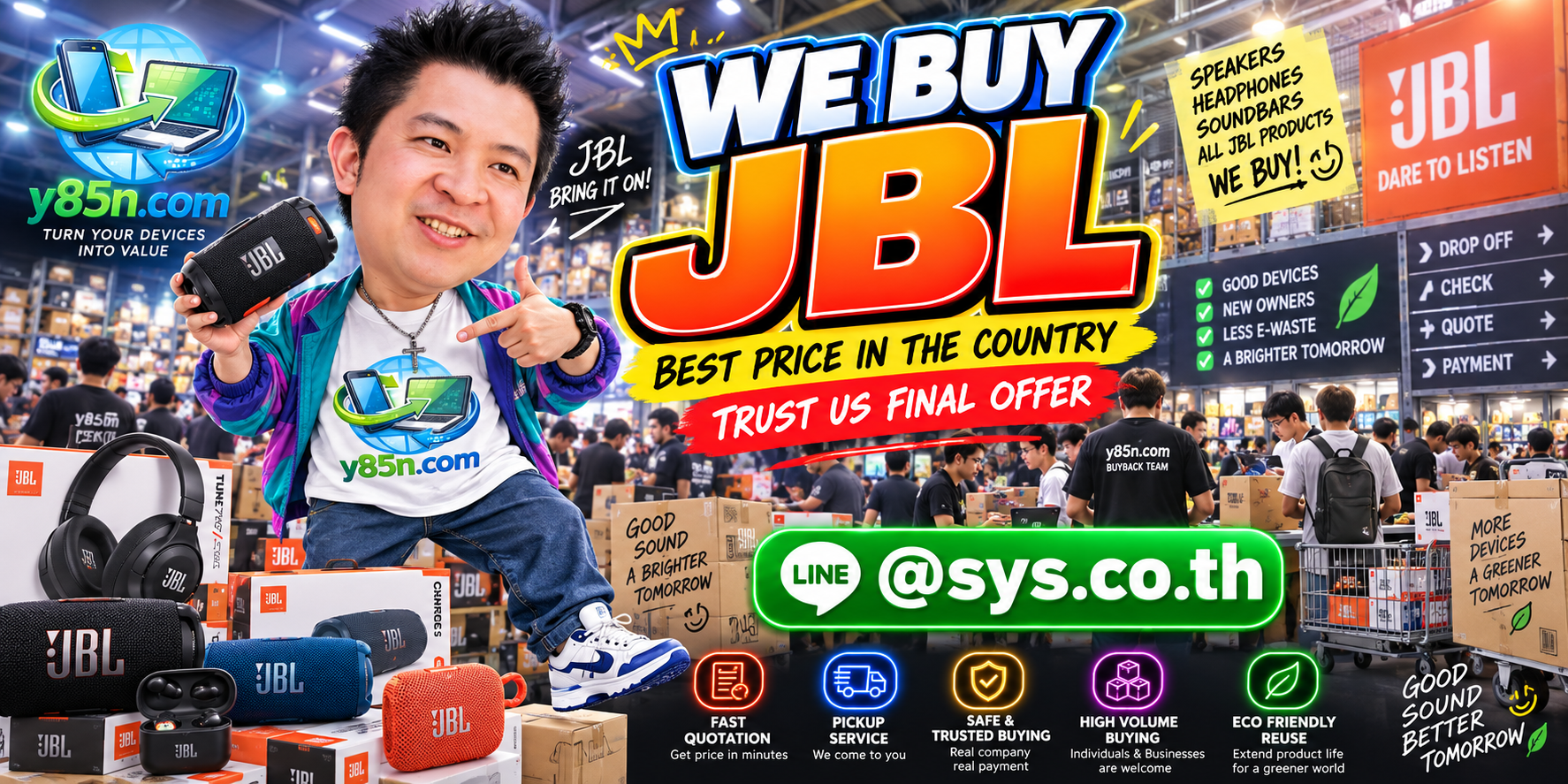 Y85N.com warehouse buying used JBL speakers and audio equipment with international seller service