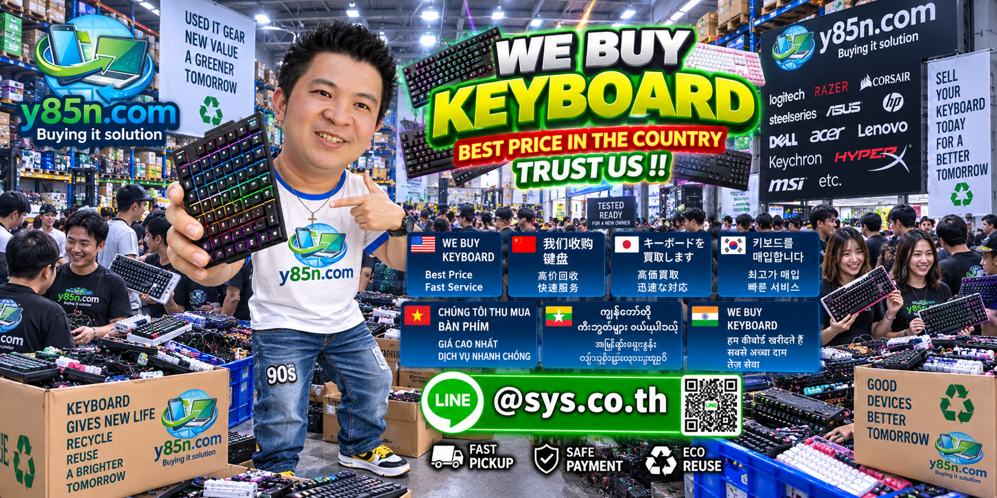 Y85N.com warehouse buying used keyboards with international seller messaging