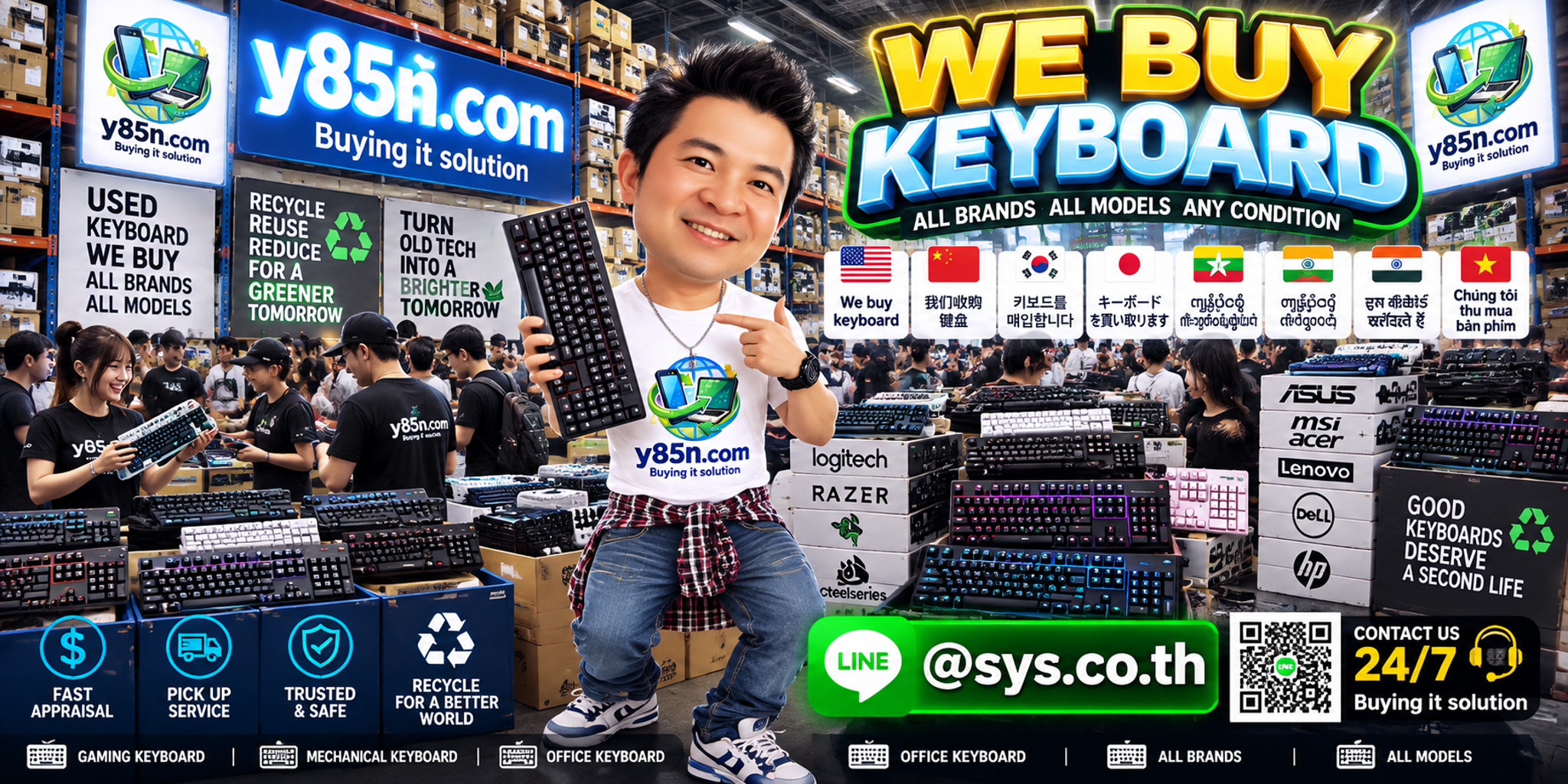 Busy Y85N.com warehouse showing a professional keyboard buying service in Thailand