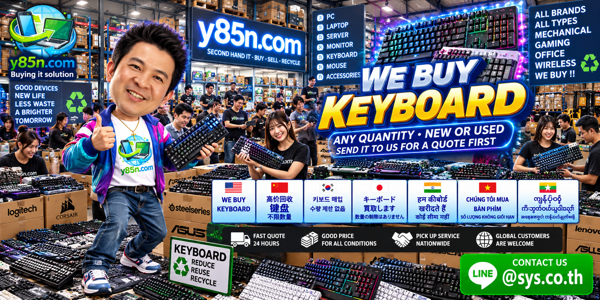 Y85N.com team and customers at a busy keyboard and IT equipment buying warehouse in Thailand