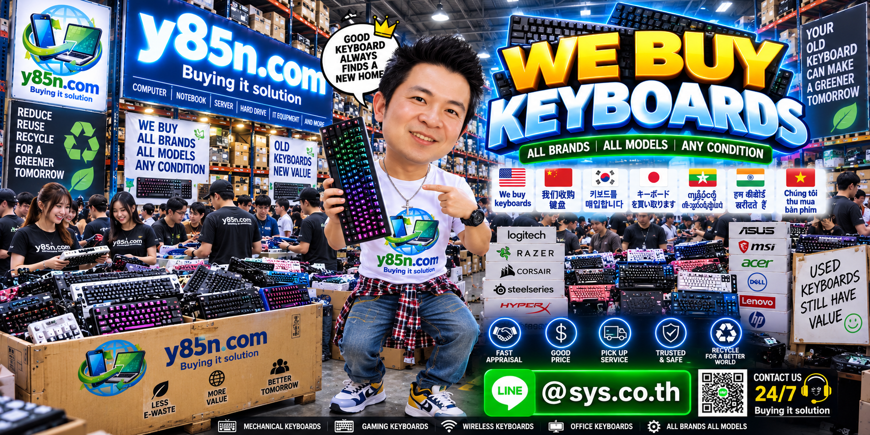 Busy Y85N.com keyboard buying warehouse in Thailand with customers selling mechanical, gaming and office keyboards
