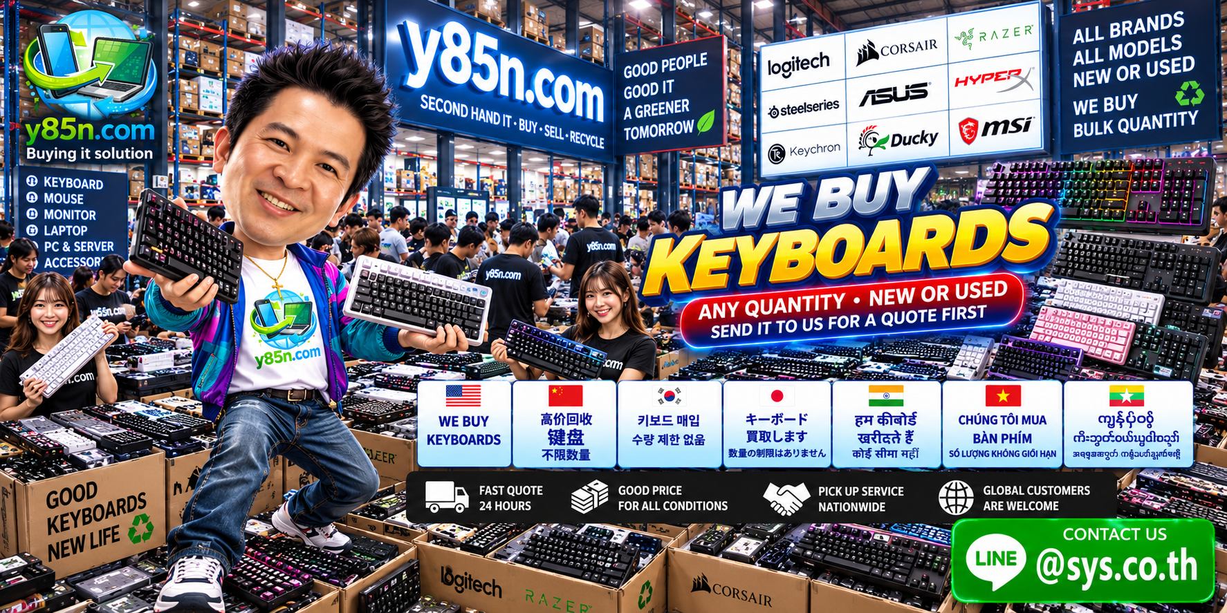 Y85N.com team and customers at a busy keyboard buying warehouse with gaming, mechanical and office keyboards