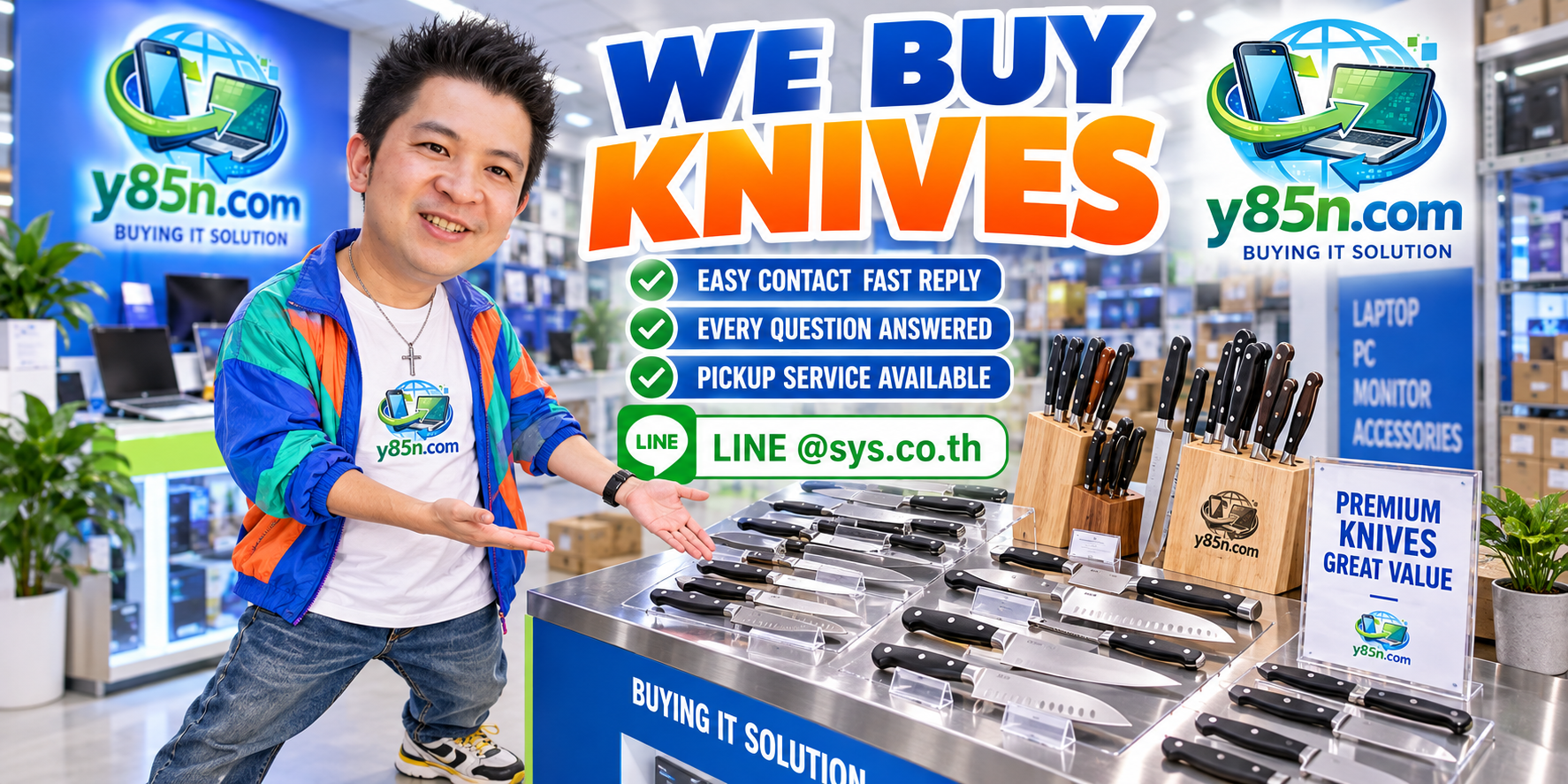 Y85N.com kitchen knife buying service contact banner with LINE at sys.co.th