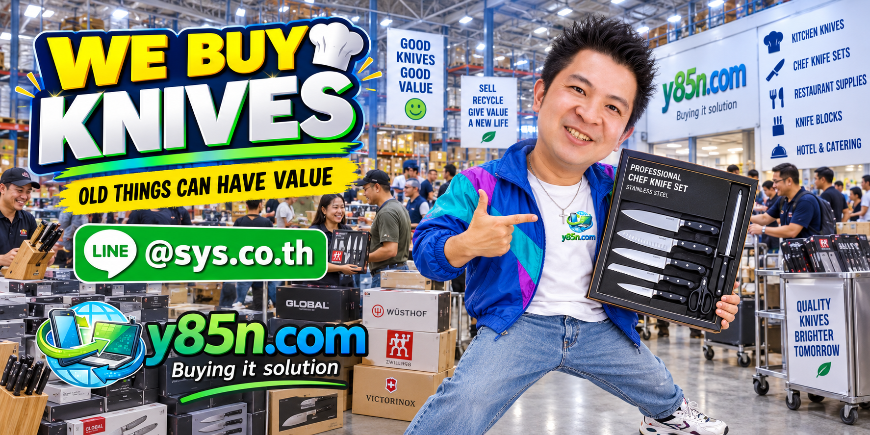 Busy Y85N.com warehouse buying used kitchen knives and professional culinary knife sets in Thailand