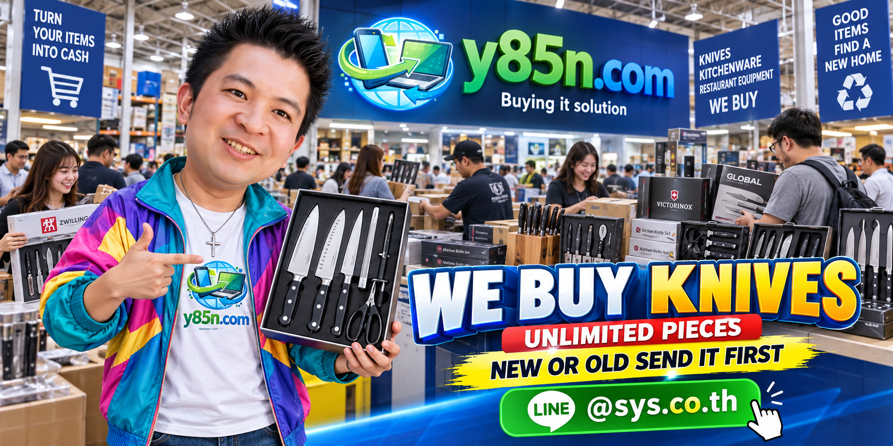 Y85N.com team and customers at a busy warehouse with kitchen knives and professional culinary knife sets