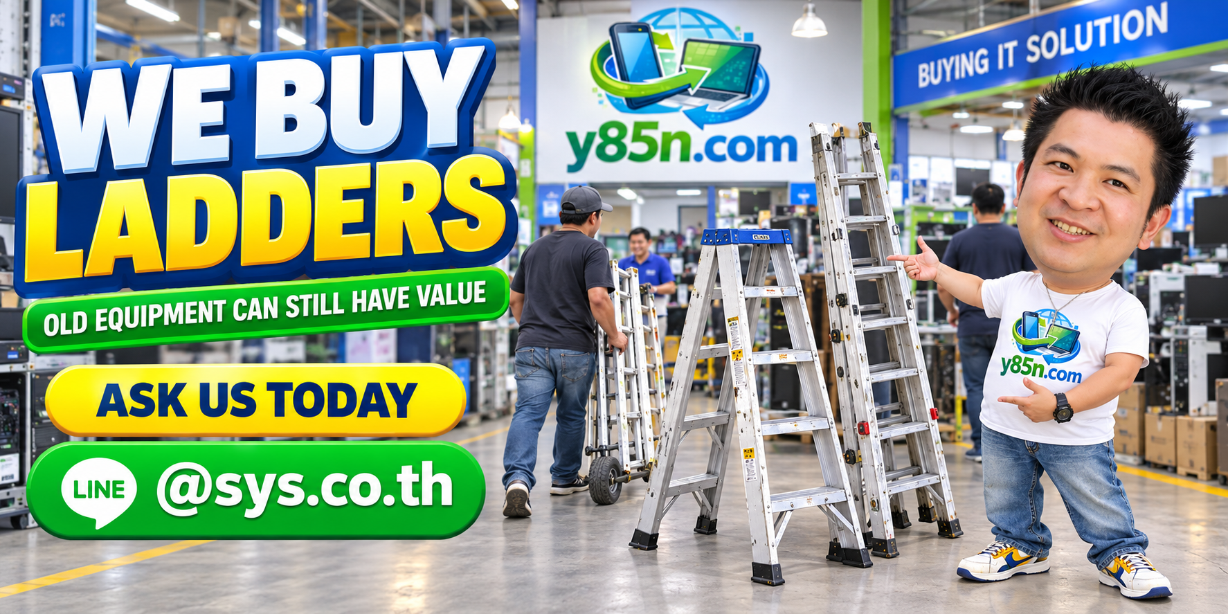 Busy Y85N.com warehouse showing a ladder buying service in Thailand