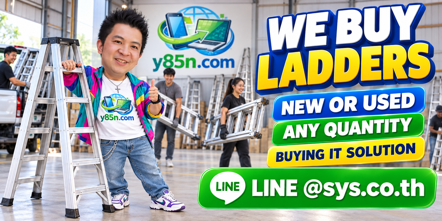 Y85N.com team and customers at a busy warehouse buying used ladders