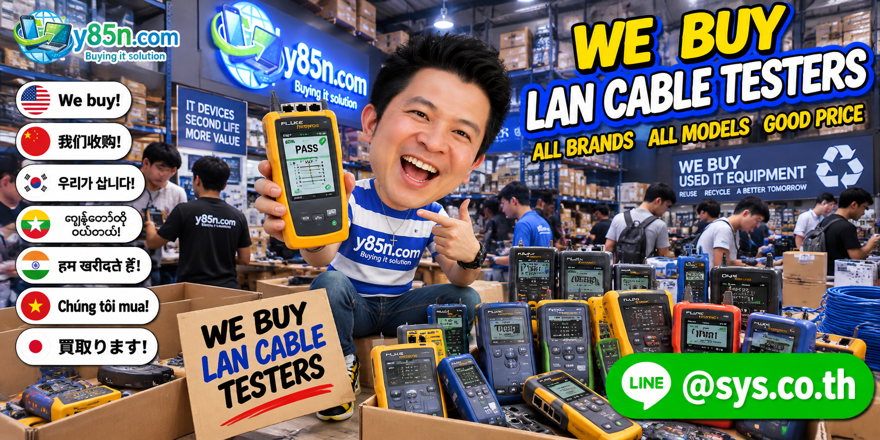Y85N.com warehouse buying used LAN cable testers with international seller support in Thailand