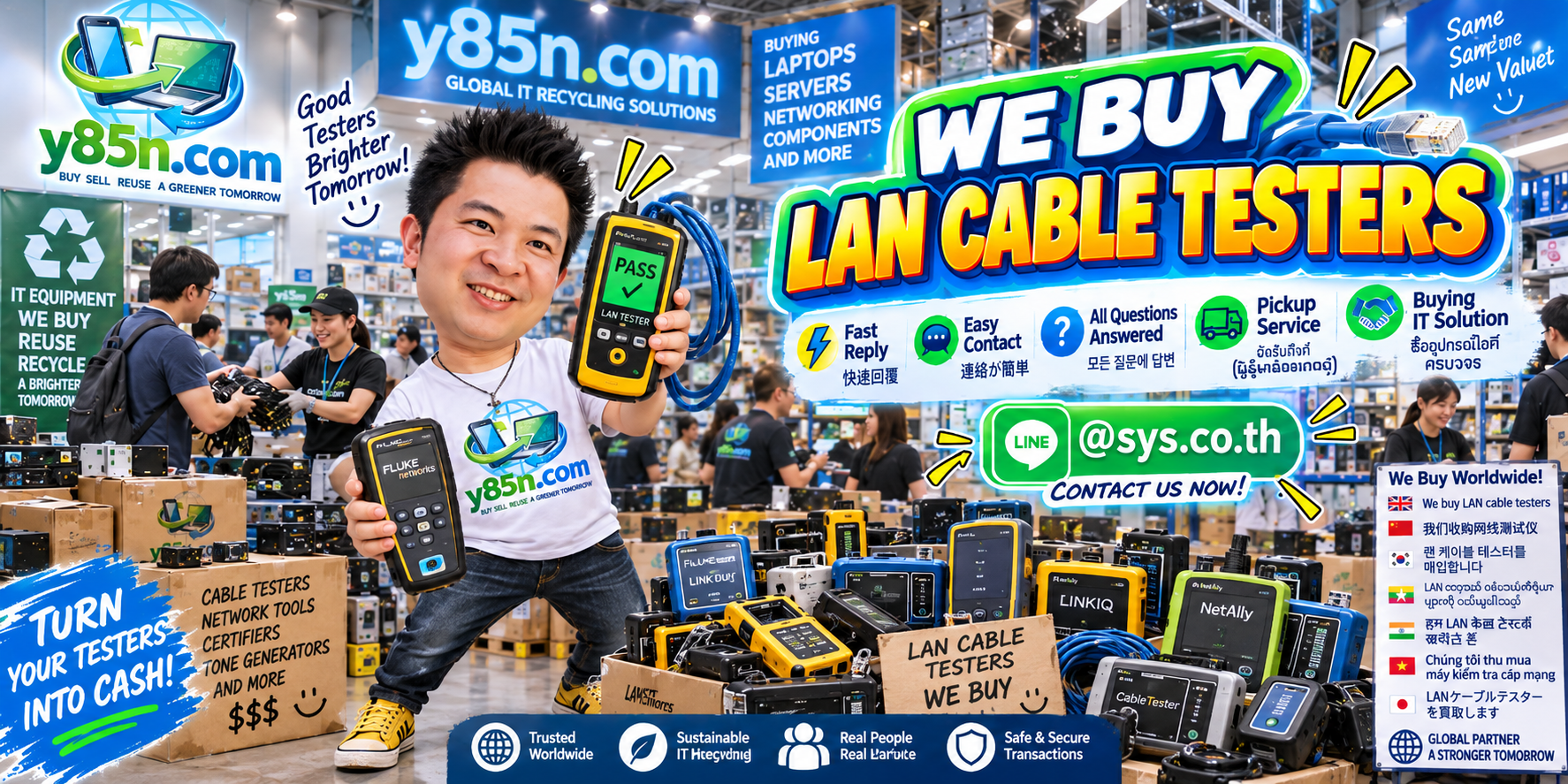 Y85N.com LAN cable tester buying service contact banner with LINE at sys.co.th