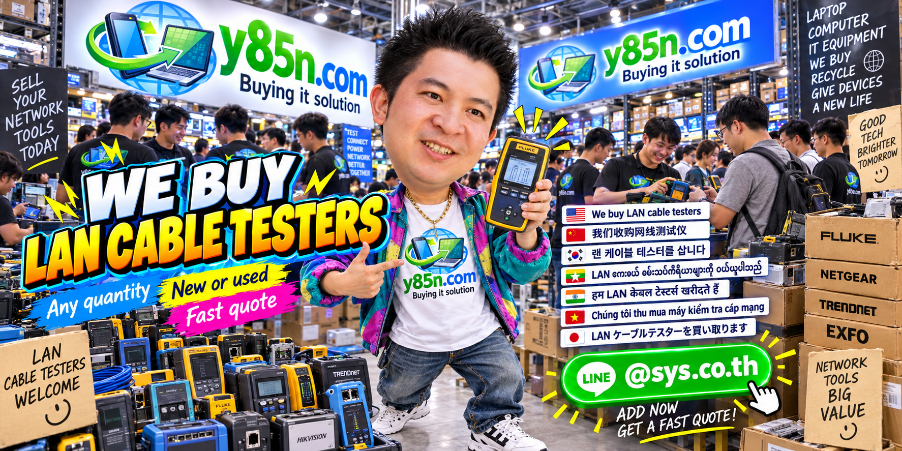 Y85N.com team and customers at a busy warehouse buying LAN cable testers and network test equipment