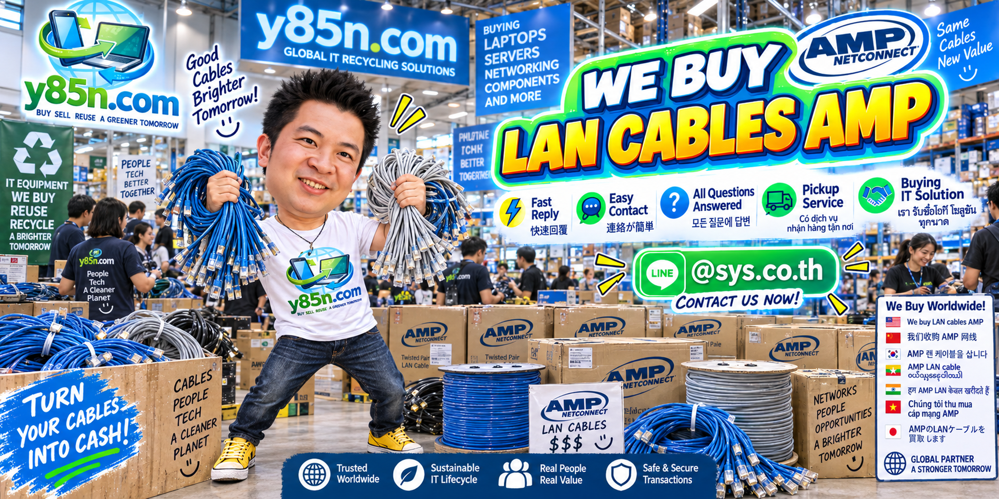 Y85N.com AMP LAN cable buying service contact banner with LINE at sys.co.th