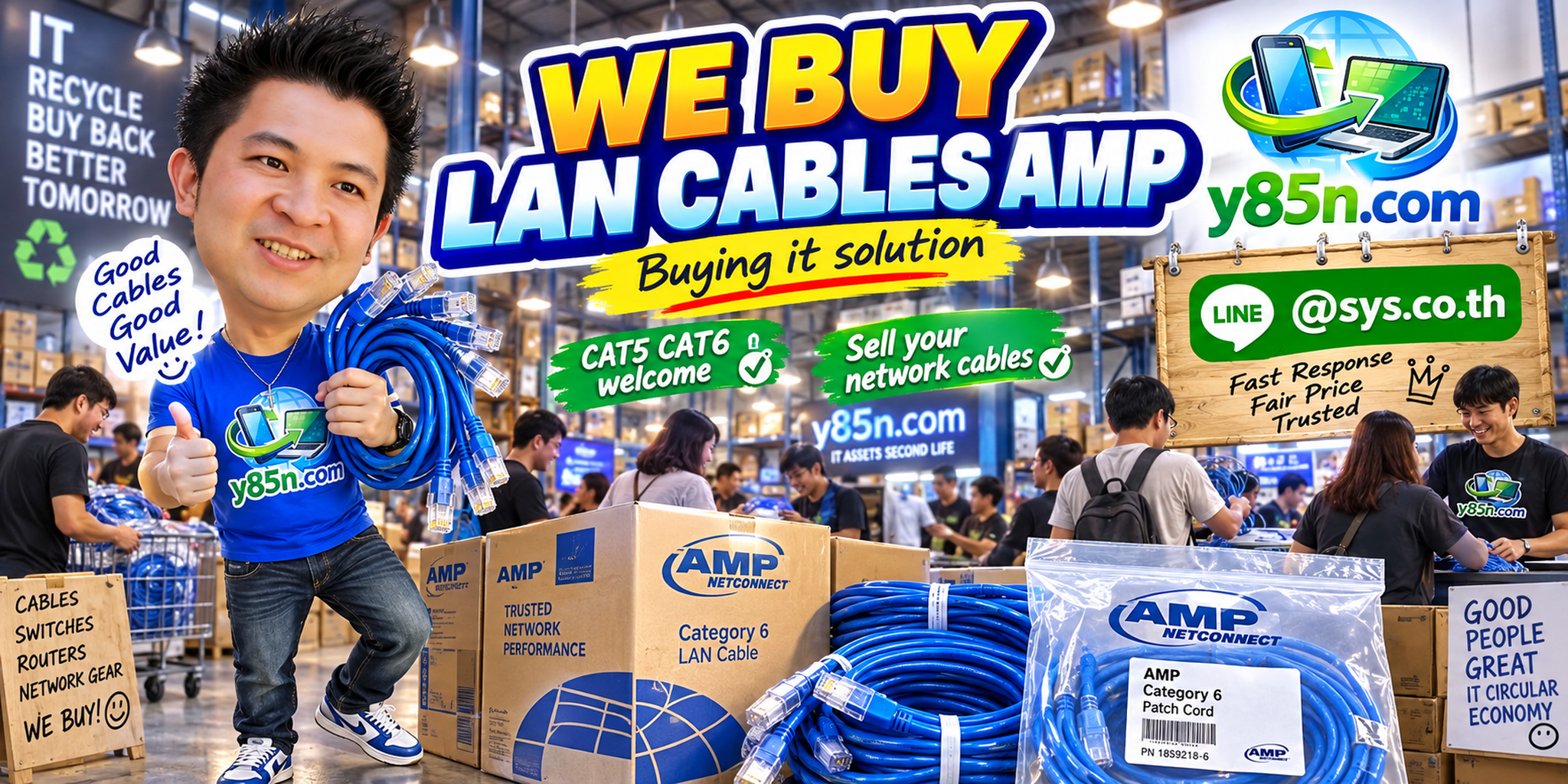 Busy Y85N.com warehouse buying AMP LAN cables and network cable in Thailand
