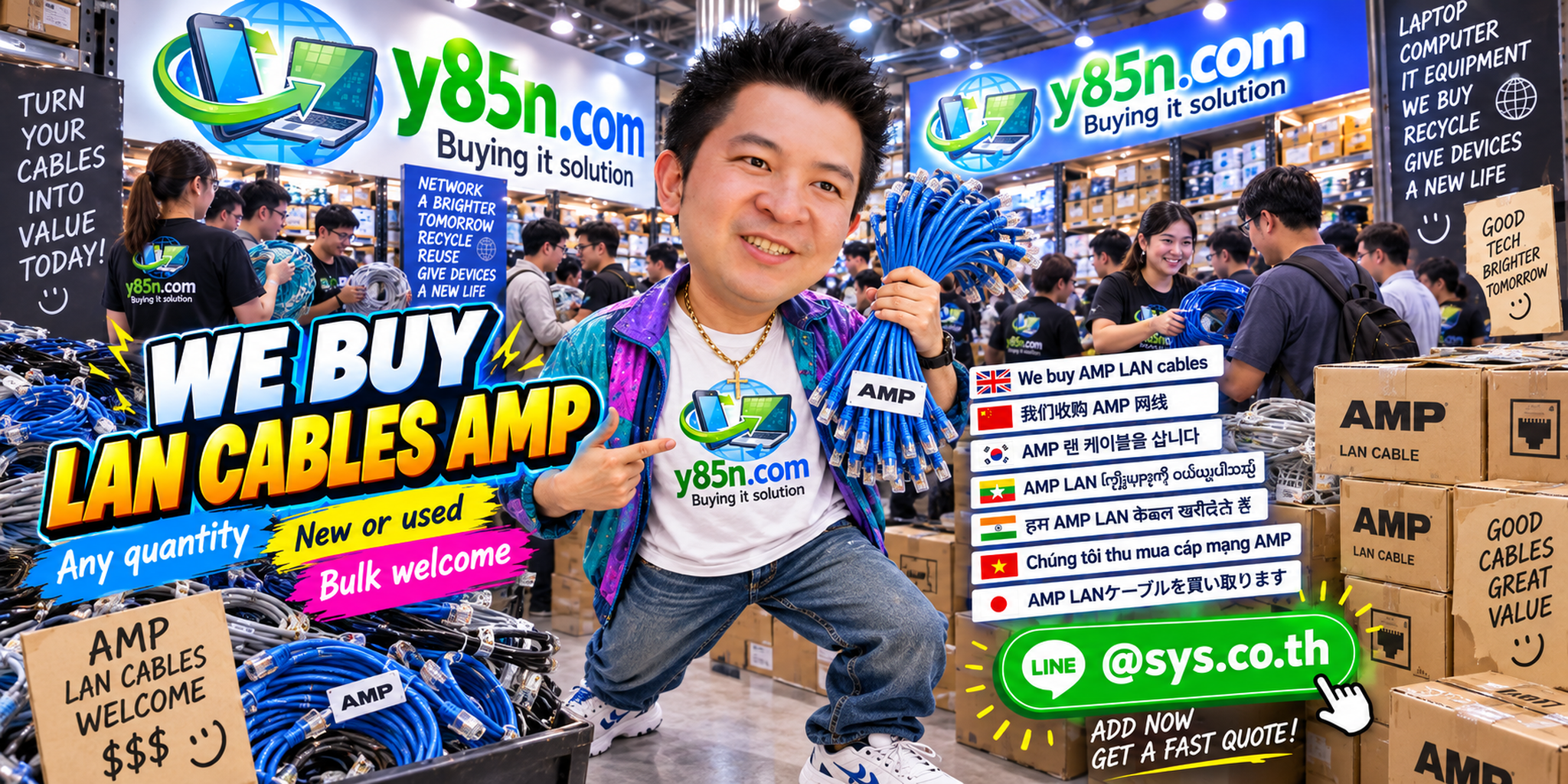 Y85N.com team and customers at a busy warehouse buying AMP LAN cable and network equipment