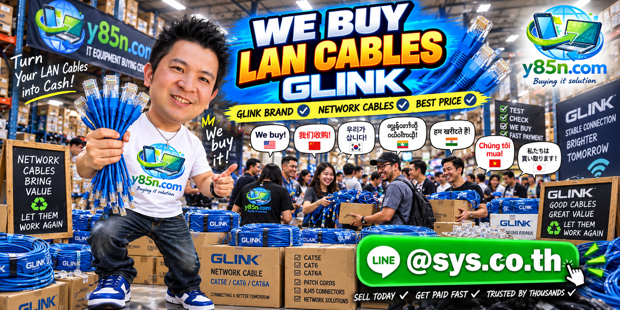 Y85N.com warehouse buying GLINK LAN cable with international seller messaging