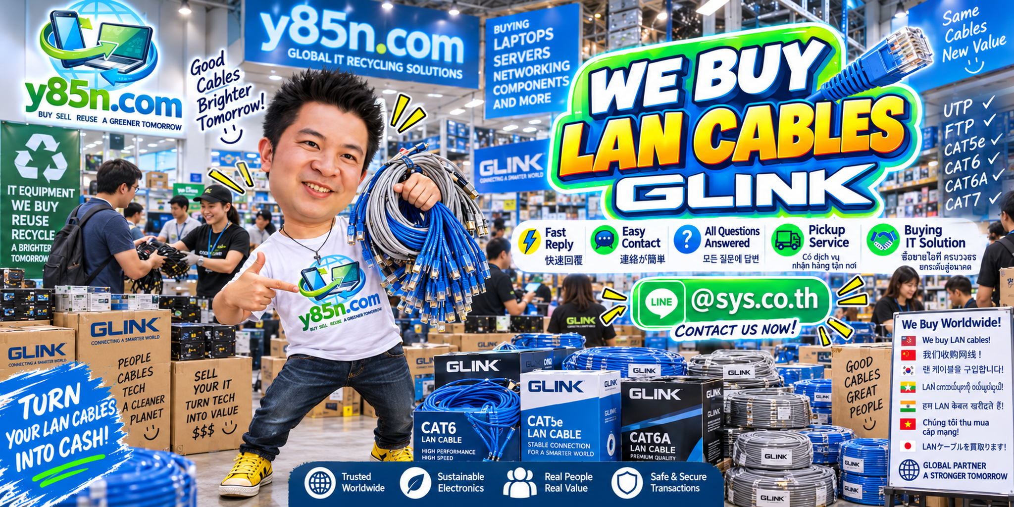 Y85N.com GLINK LAN cable buying service contact banner with LINE at sys.co.th