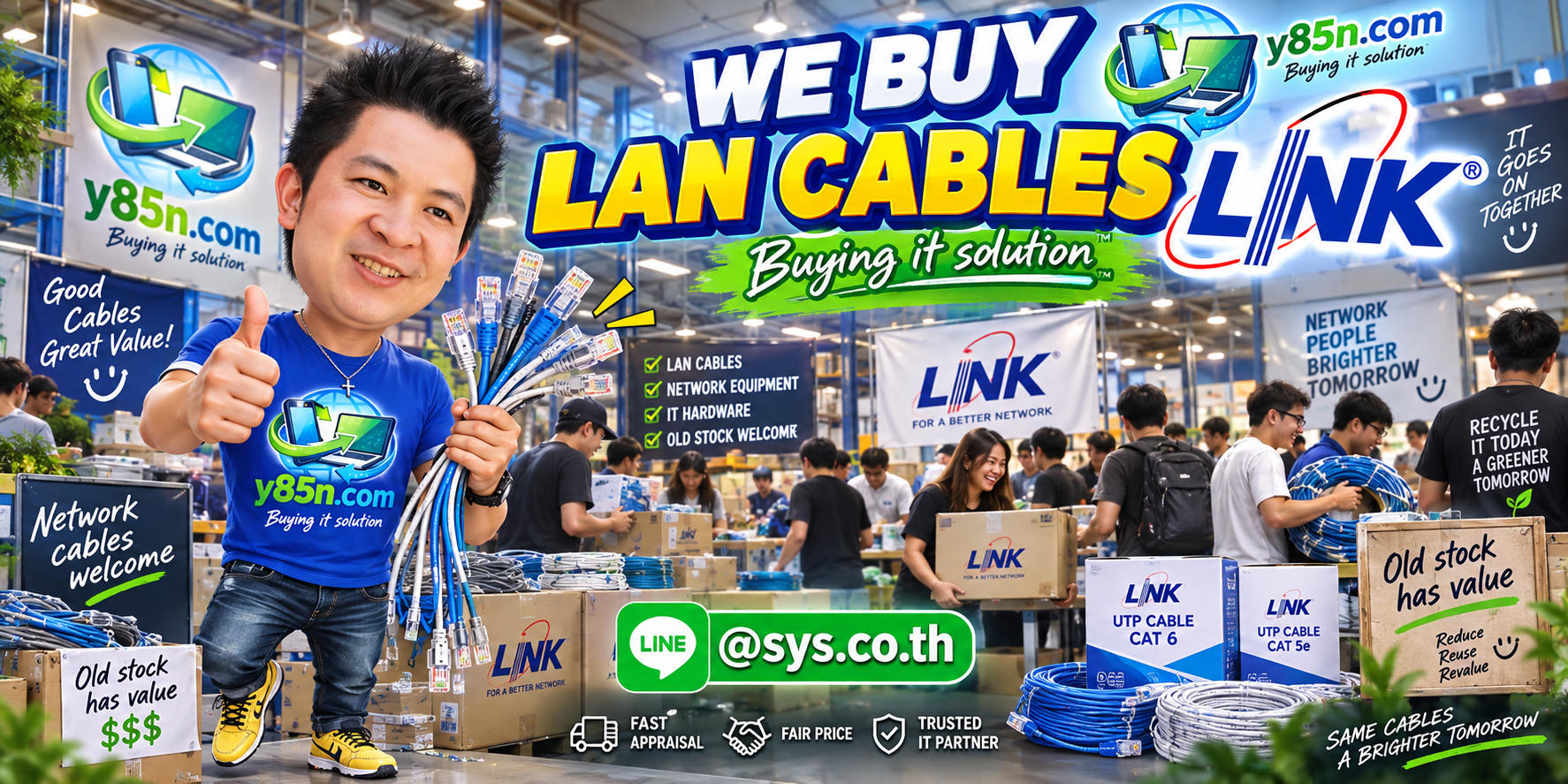 Busy Y85N.com warehouse buying LINK LAN cables and network cable stock in Thailand