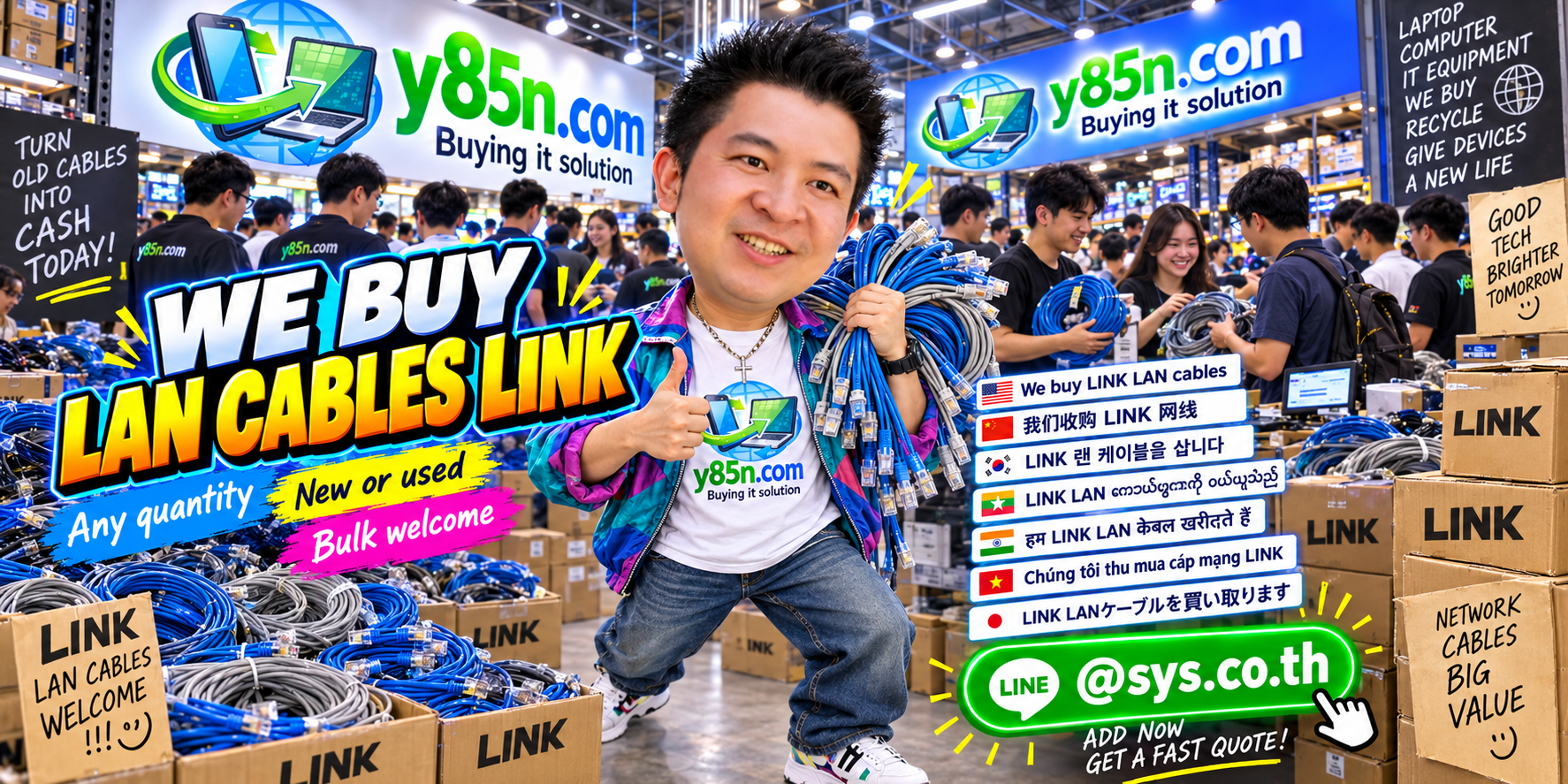 Y85N.com team and customers at a busy warehouse buying LINK LAN cables and network stock