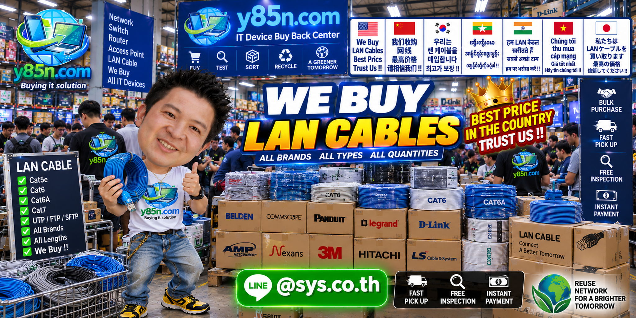 Y85N.com warehouse buying used and surplus LAN cables in Thailand