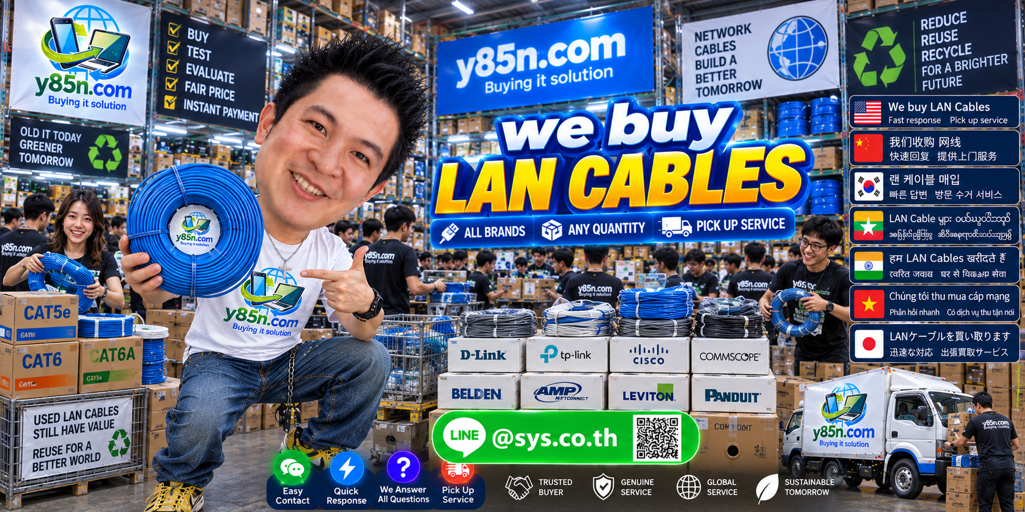 Y85N.com LAN cable buying service contact banner with LINE at sys.co.th