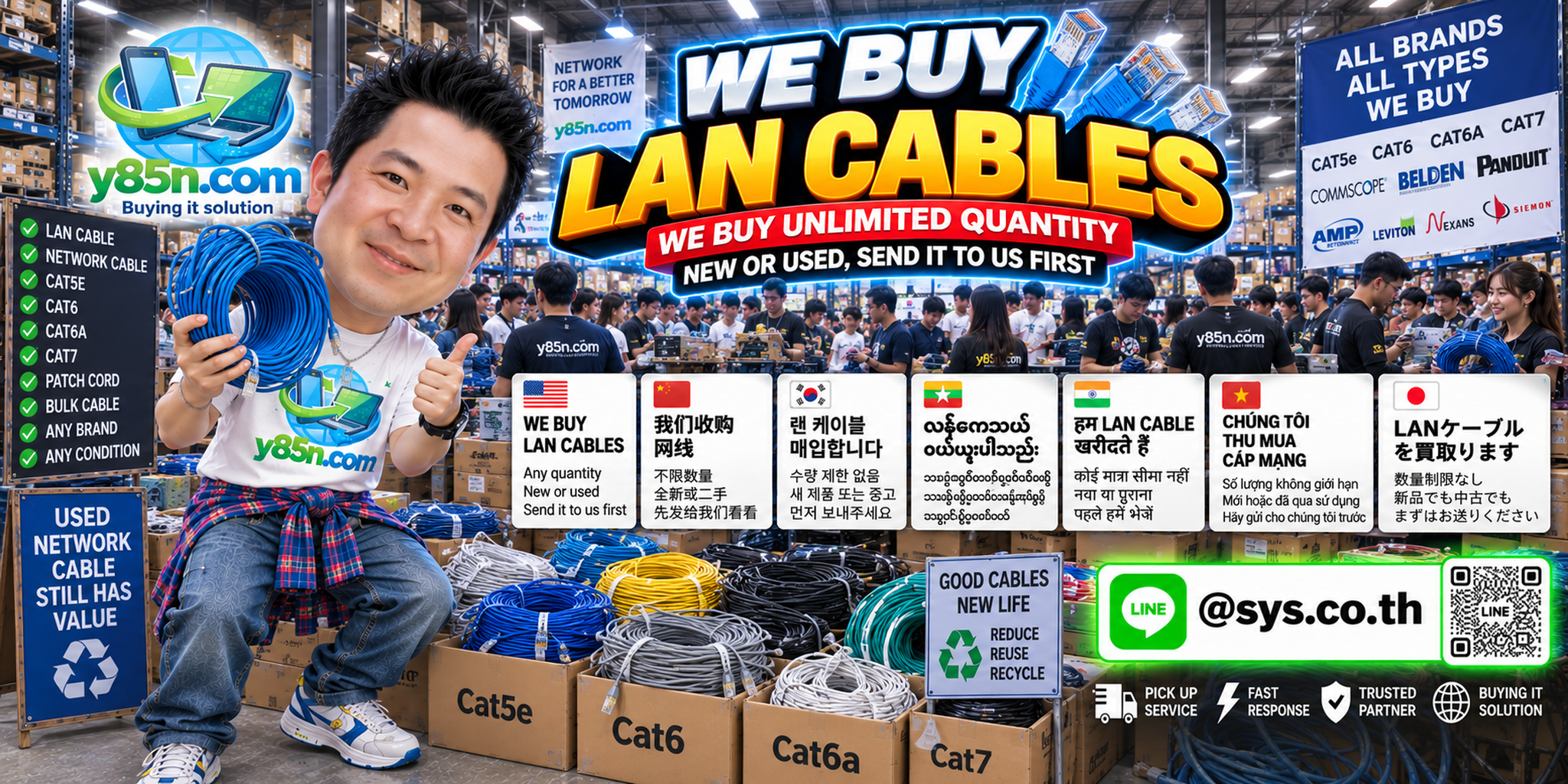 Y85N.com team and customers at a busy LAN cable buying warehouse