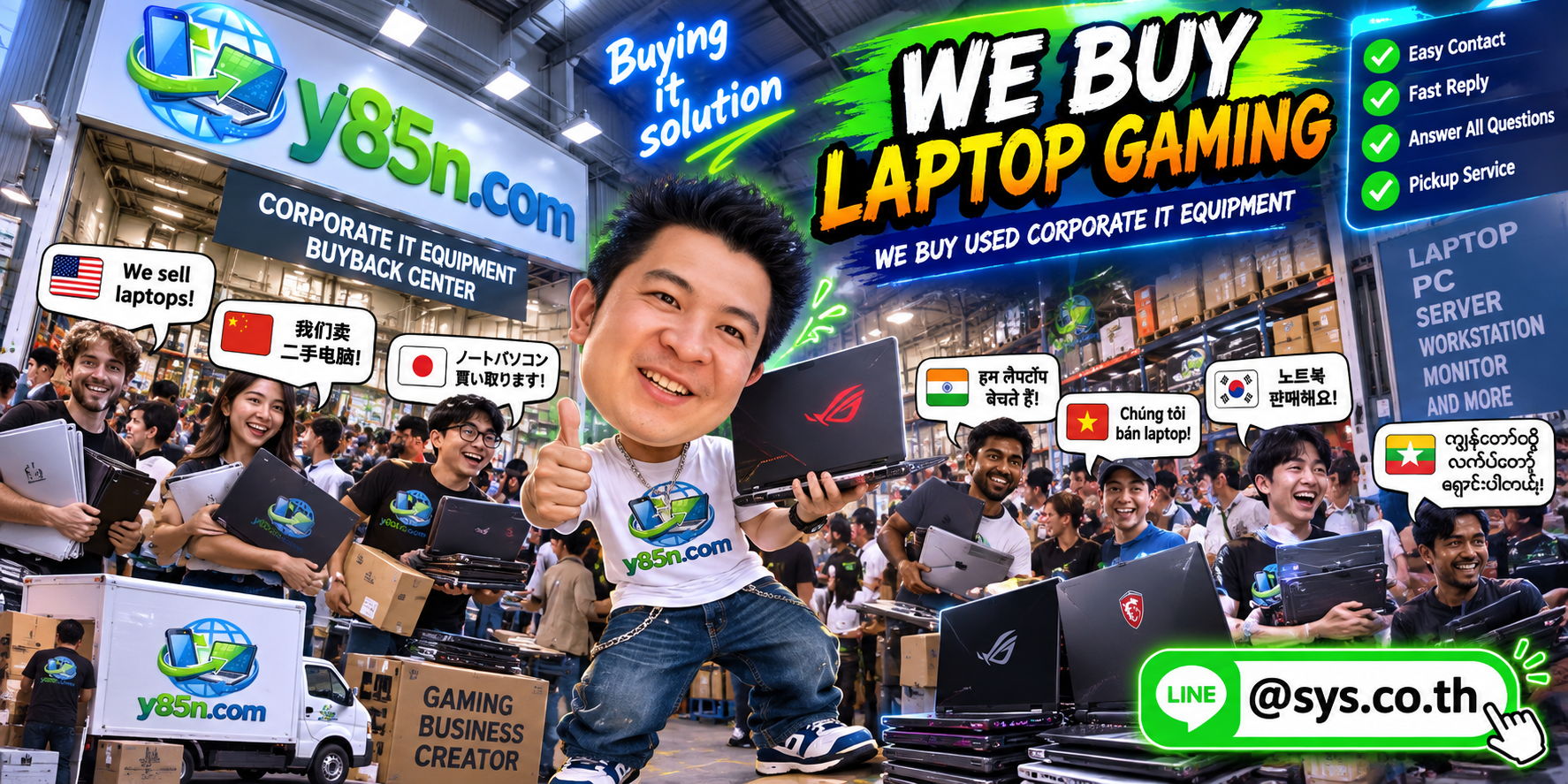 Y85N.com gaming laptop buying contact banner with LINE at sys.co.th