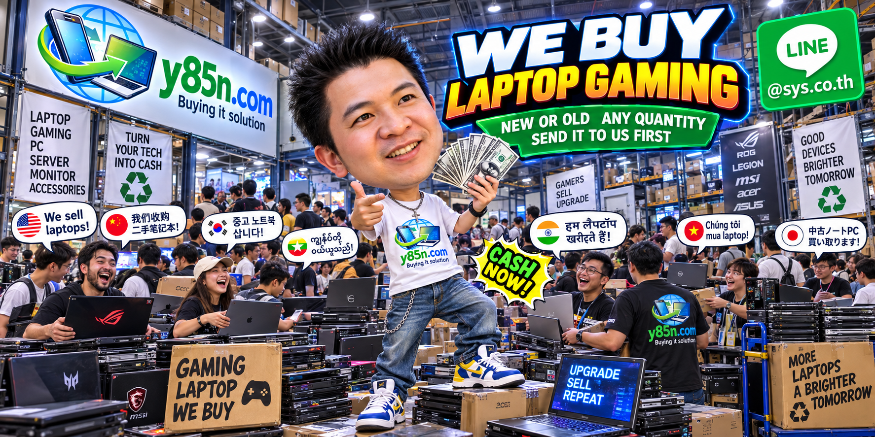 Y85N.com busy warehouse style scene with gaming laptops and many customers