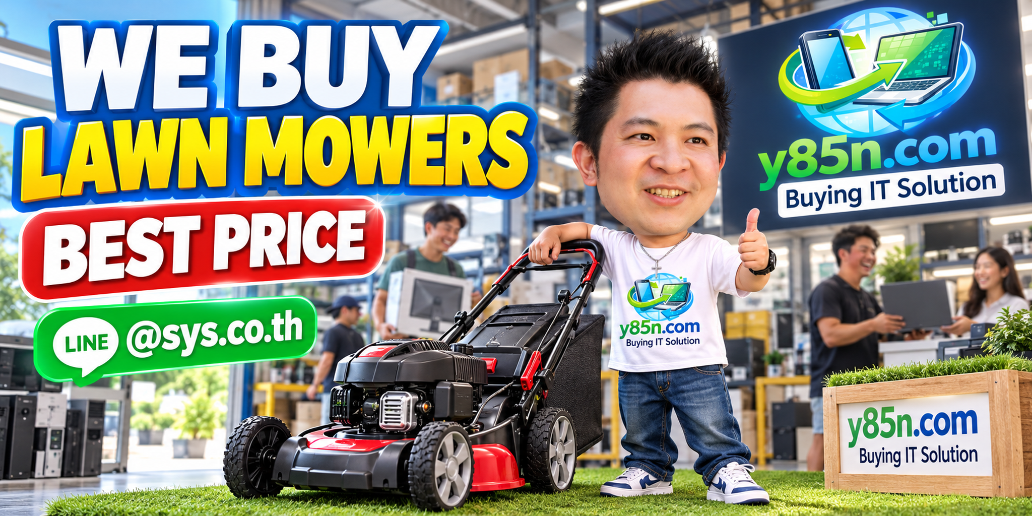 Y85N.com warehouse buying used lawn mowers from sellers in Thailand