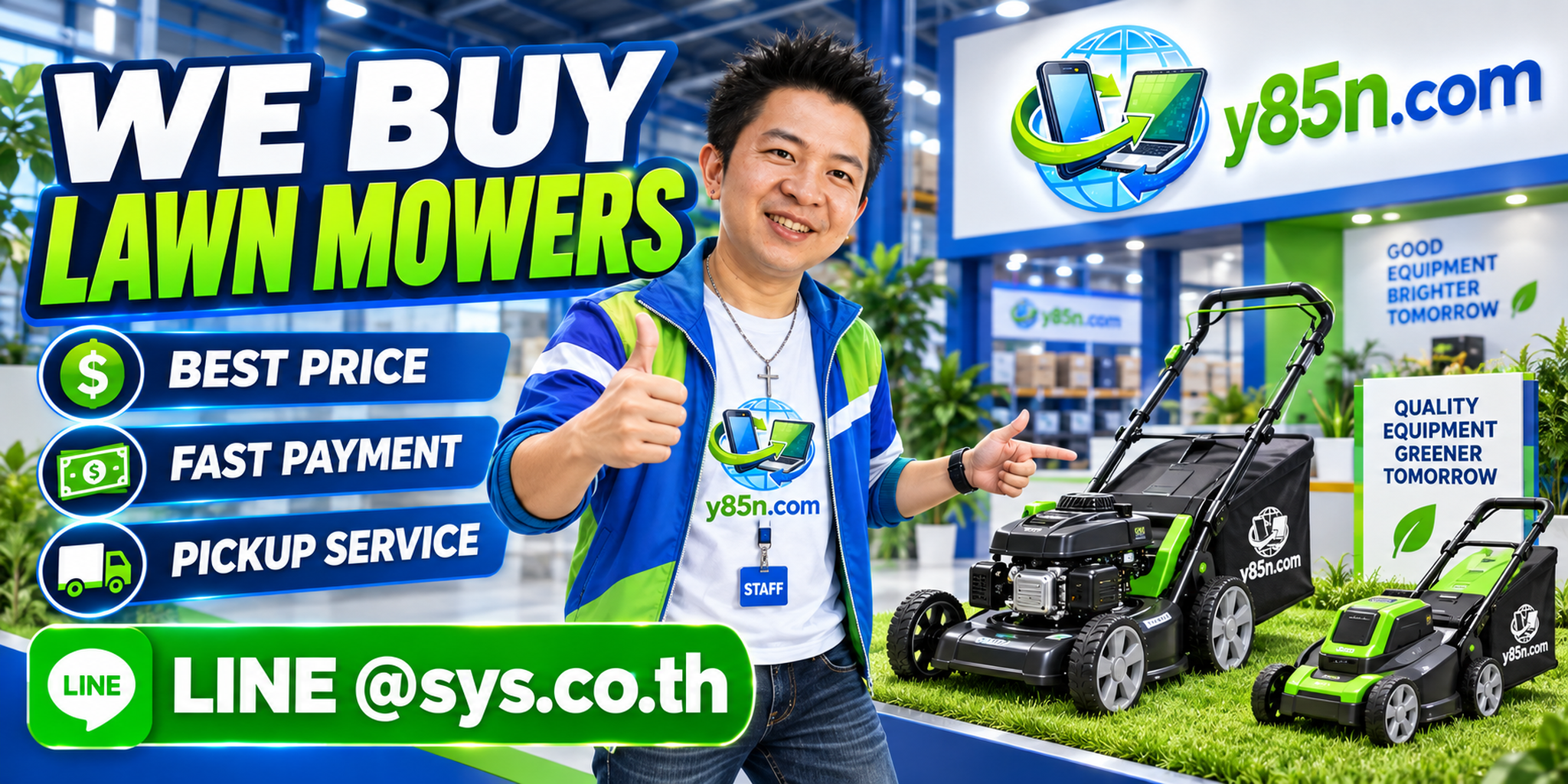 Y85N.com lawn mower buying contact banner with LINE at sys.co.th