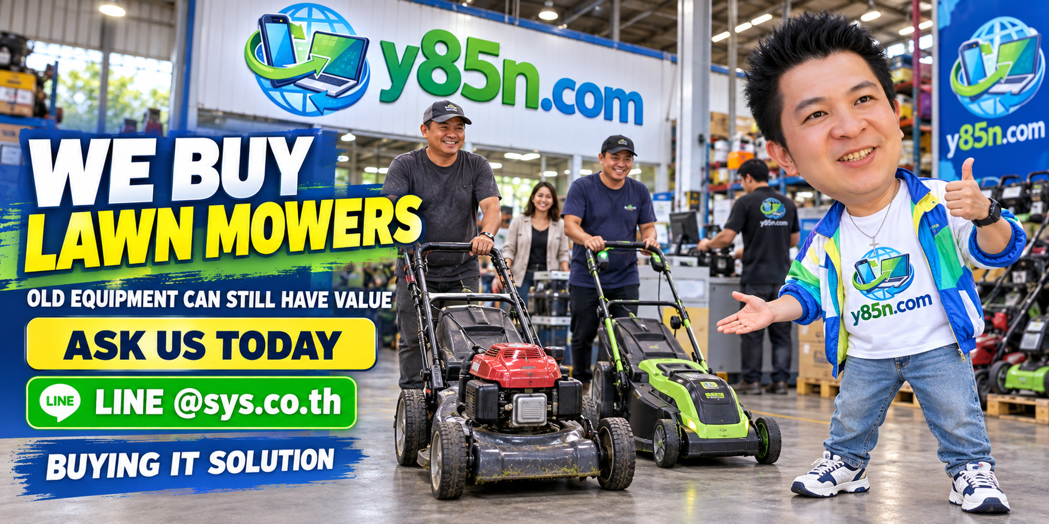 Y85N.com lawn mower buying service in a busy warehouse in Thailand