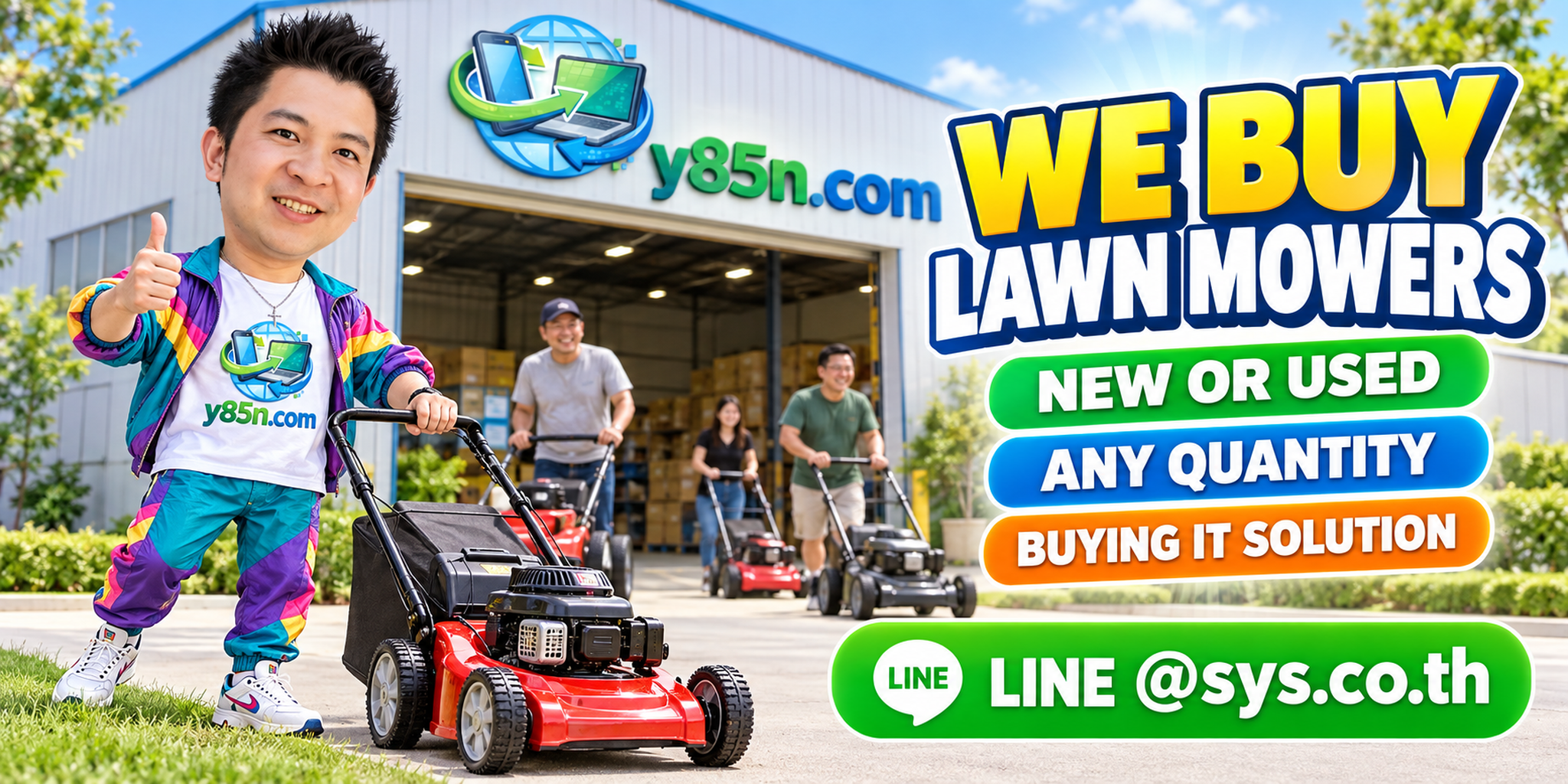 Y85N.com team buying lawn mowers in a busy equipment warehouse