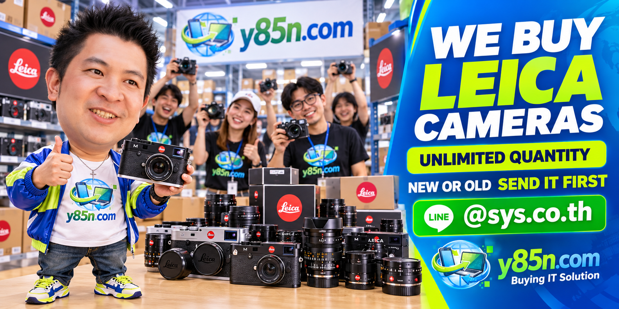Y85N.com team and customers with Leica cameras at a busy buying warehouse