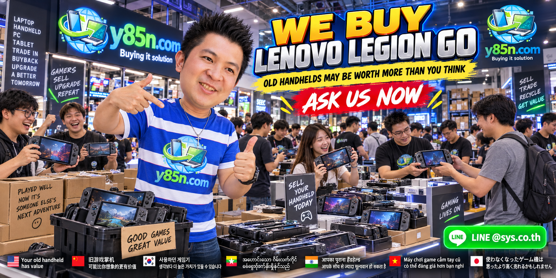 Busy Y85N.com buying counter with Lenovo Legion Go gaming handhelds and international sellers in Thailand