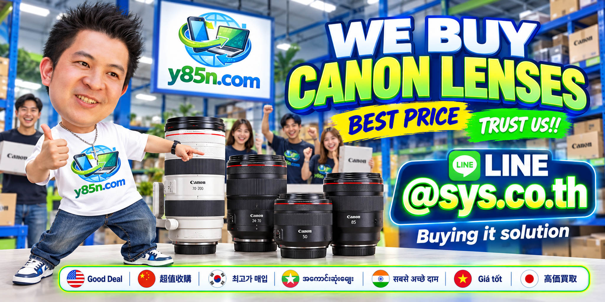 Y85N.com warehouse buying Canon lenses with international seller messaging