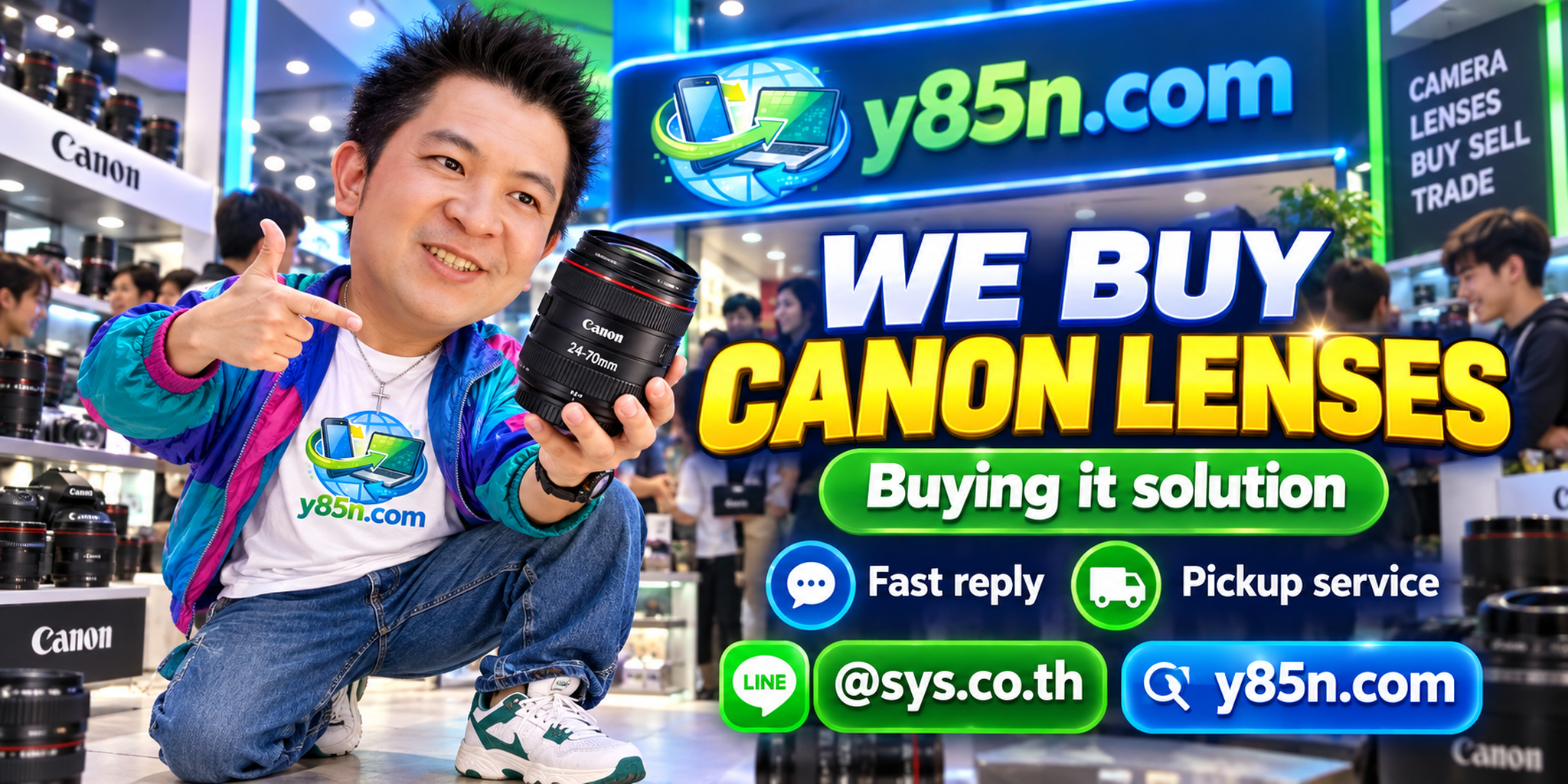 Y85N.com Canon lens buying contact banner with LINE at sys.co.th