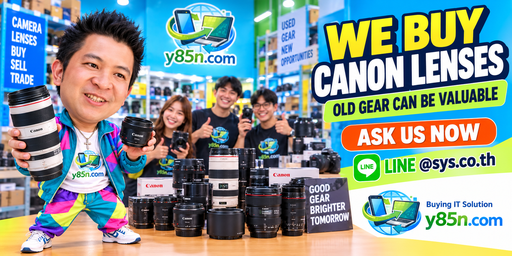 Y85N.com Canon lens buying service in a busy technology warehouse in Thailand