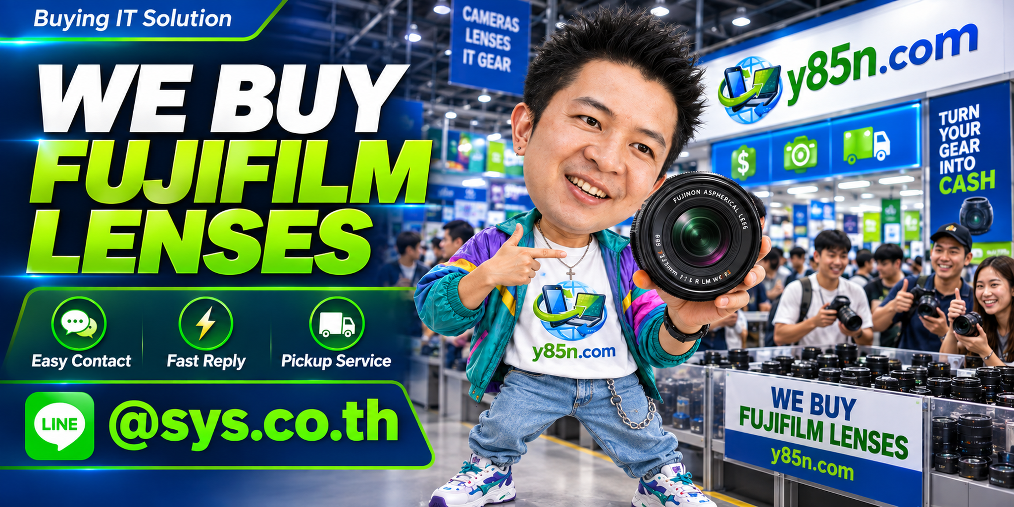 Y85N.com Fujifilm lens buying contact banner with LINE at sys.co.th