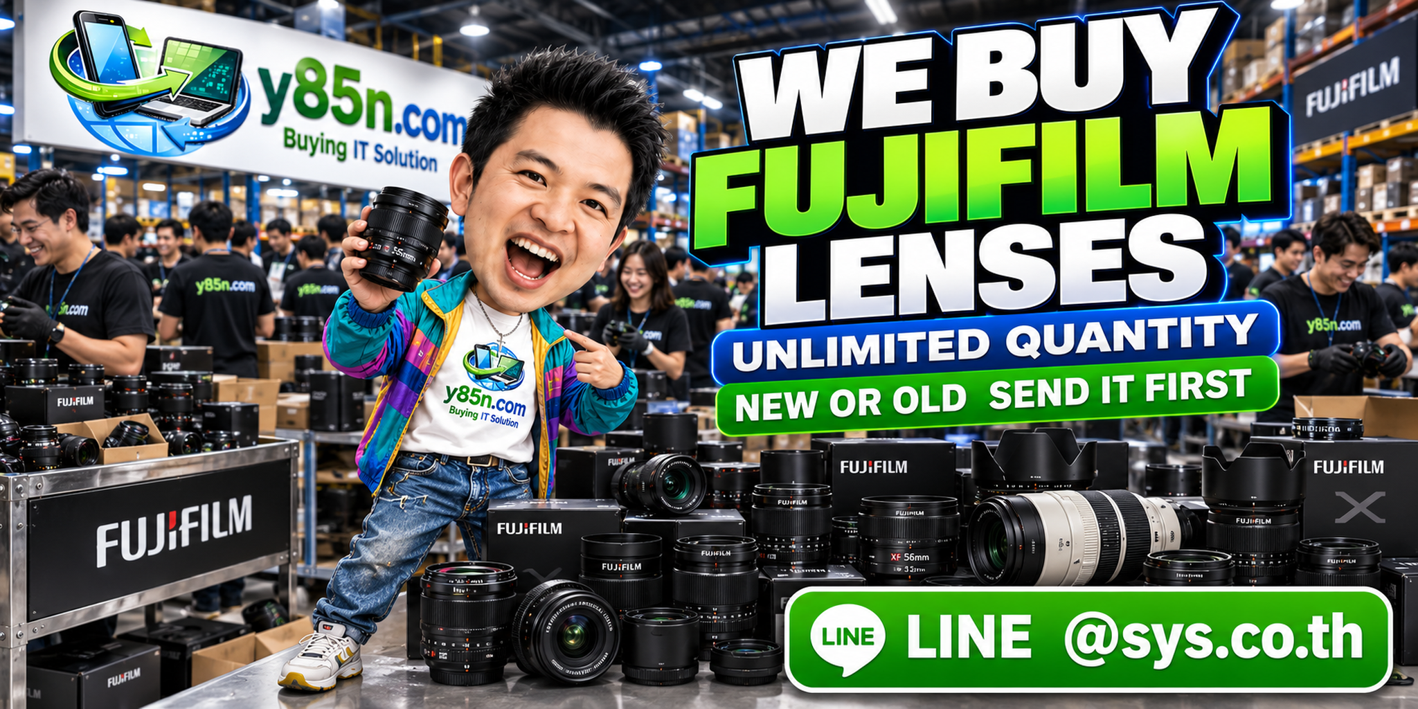 Y85N.com team buying Fujifilm lenses in a busy warehouse style service environment