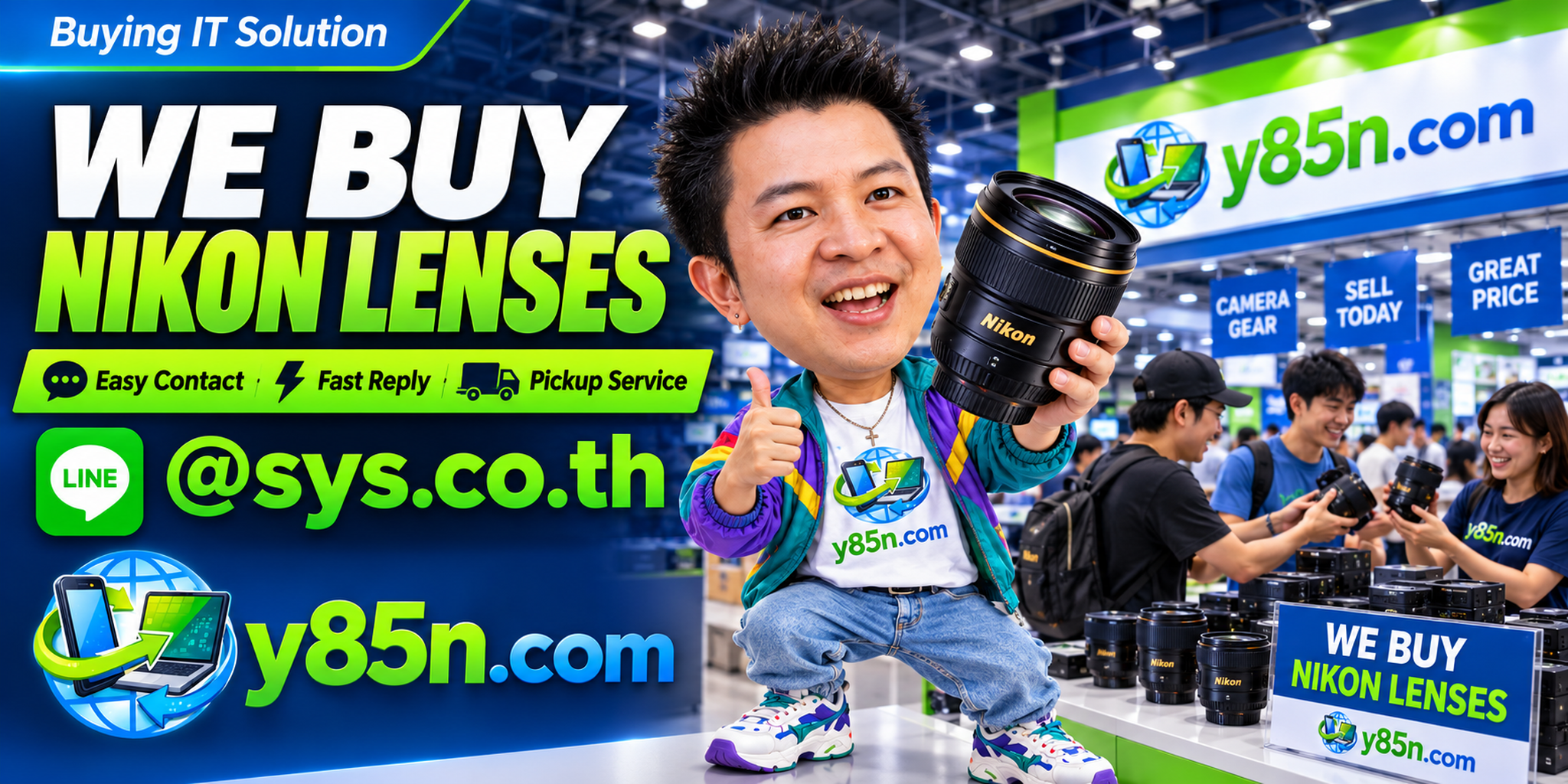 Y85N.com Nikon lens buying service contact banner with LINE at sys.co.th