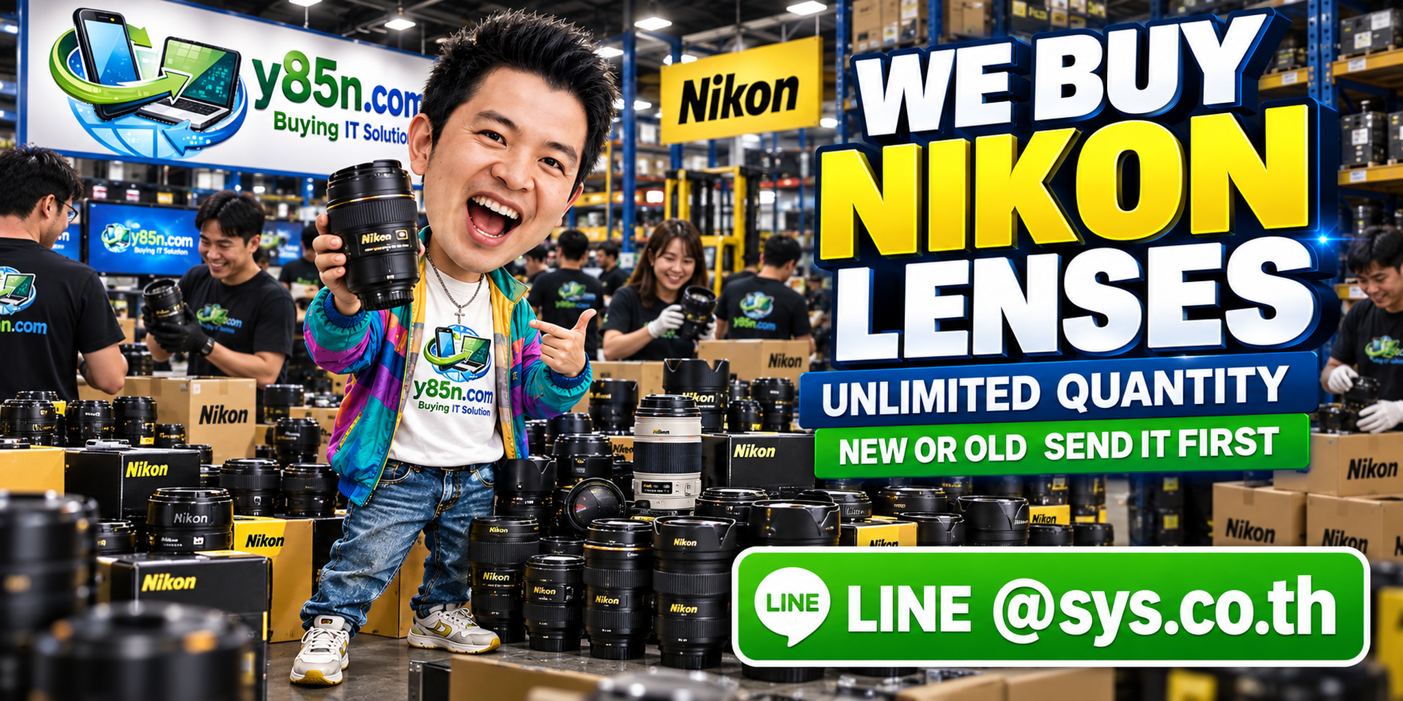 Y85N.com team and customers at a busy Nikon lens buying warehouse