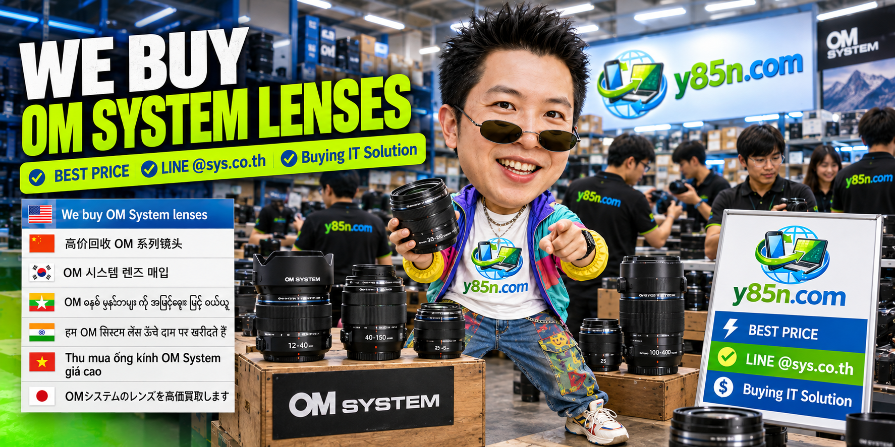 Y85N.com warehouse buying OM SYSTEM lenses with international seller messaging in Thailand