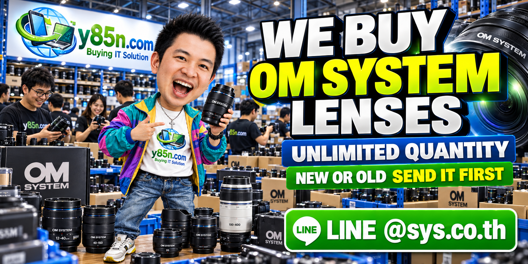 Y85N.com team and customers at a busy OM SYSTEM lens buying warehouse in Thailand