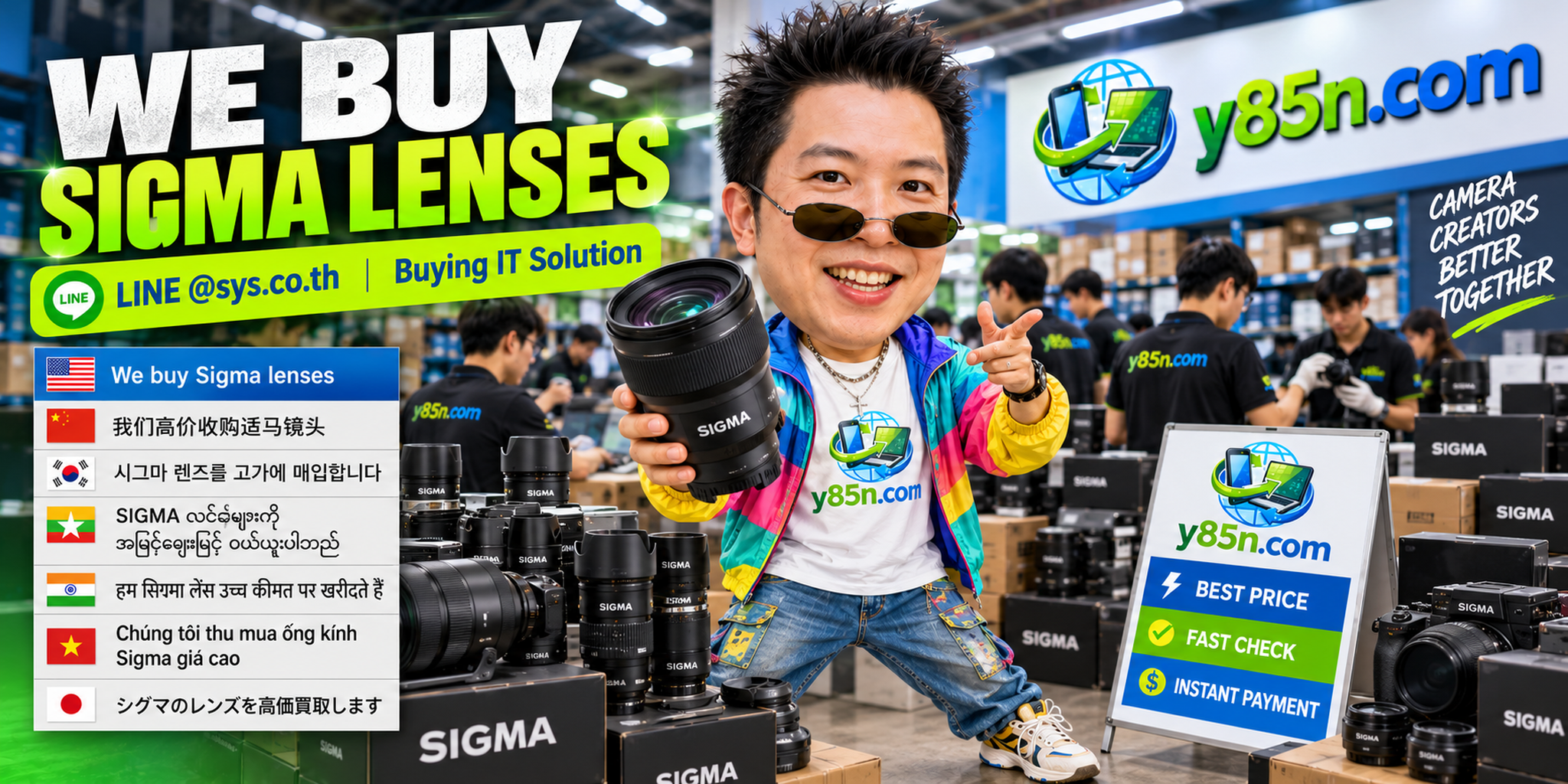 Y85N.com warehouse buying Sigma lenses from photographers and international sellers in Thailand