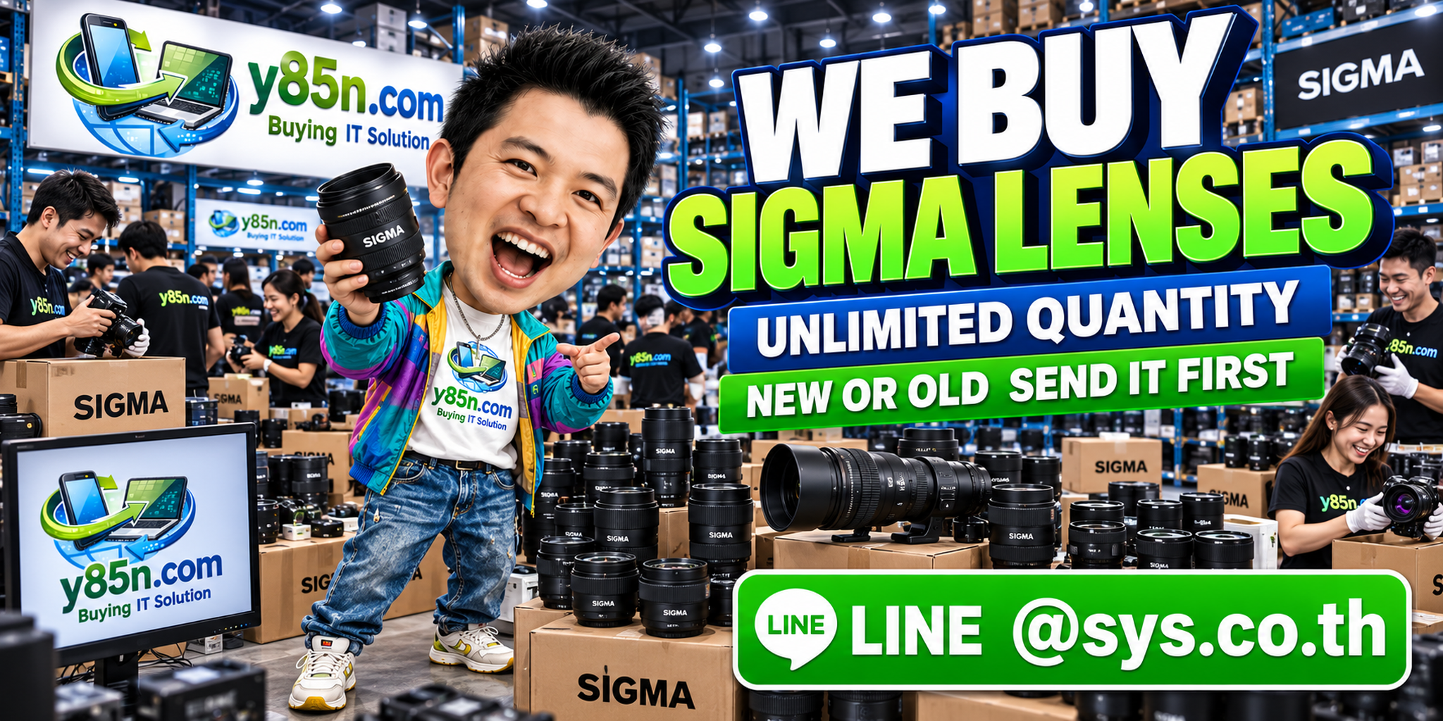 Y85N.com team in a busy warehouse buying Sigma lenses and camera equipment