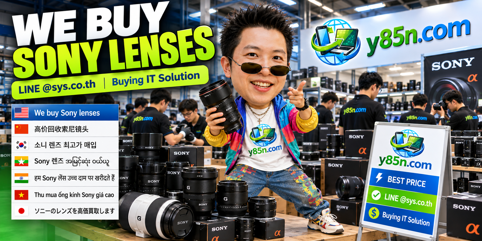 Y85N.com warehouse buying used Sony lenses with international seller support in Thailand