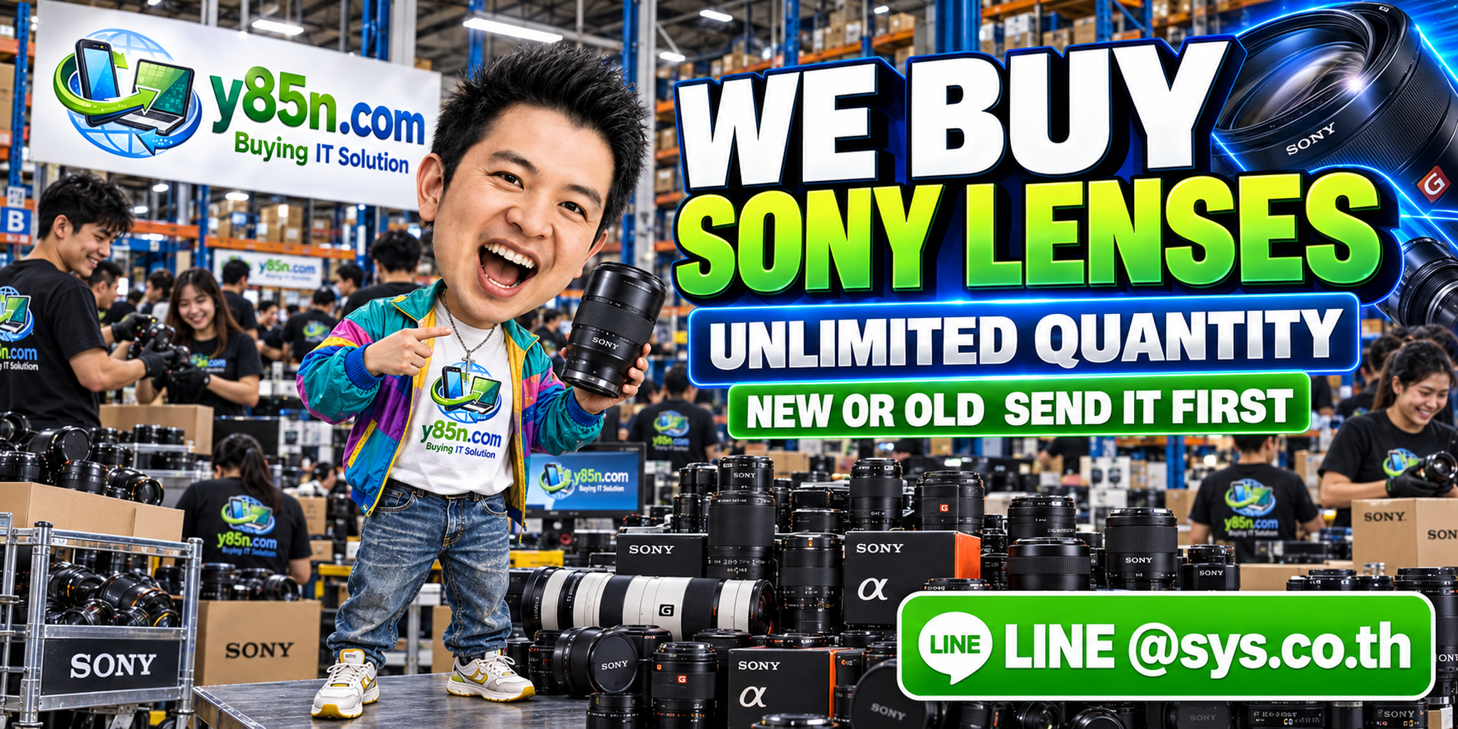 Y85N.com team and customers at a busy Sony lens buying warehouse in Thailand