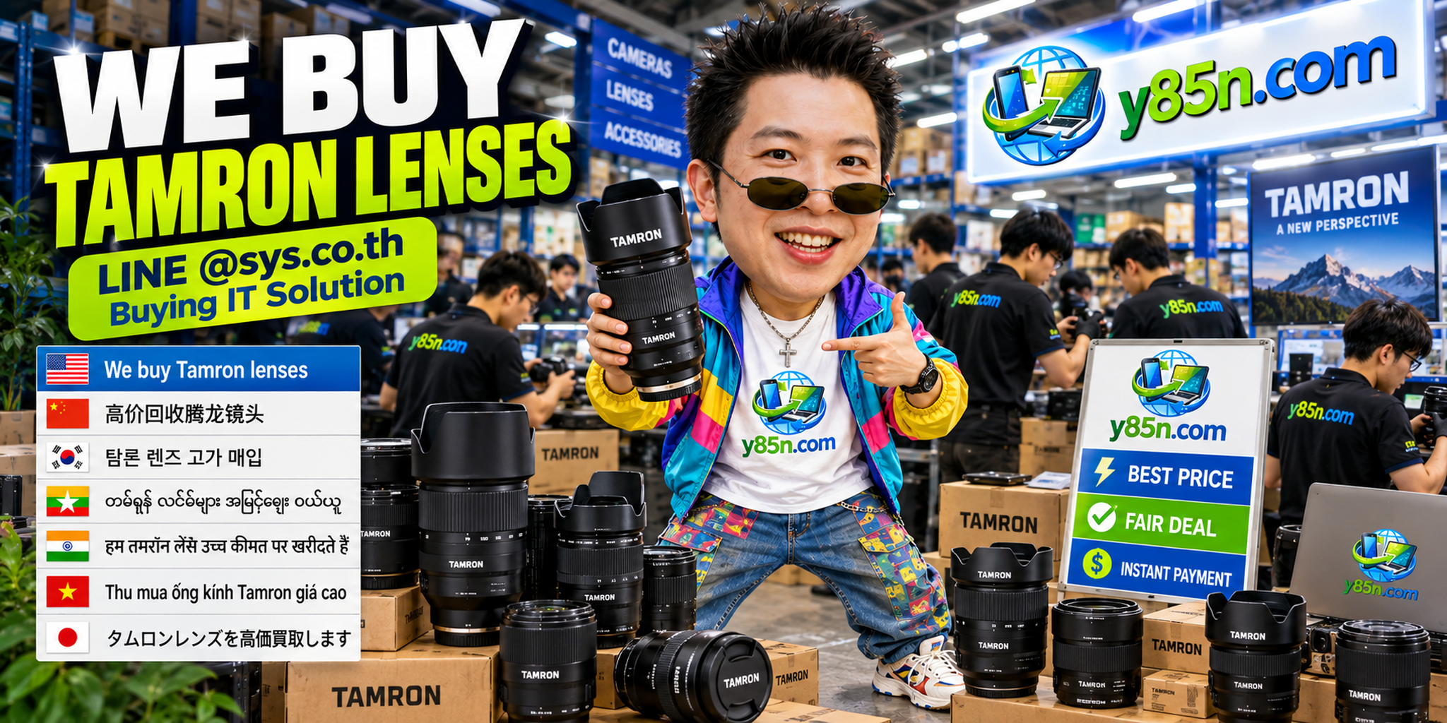 Y85N.com warehouse buying used Tamron lenses with international seller messaging