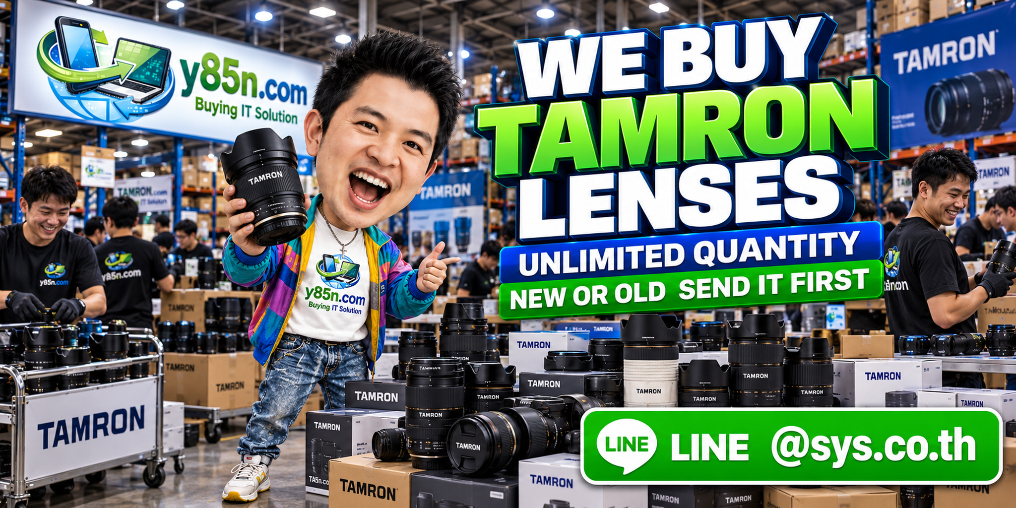 Y85N.com team and customers at a busy Tamron lens buying warehouse