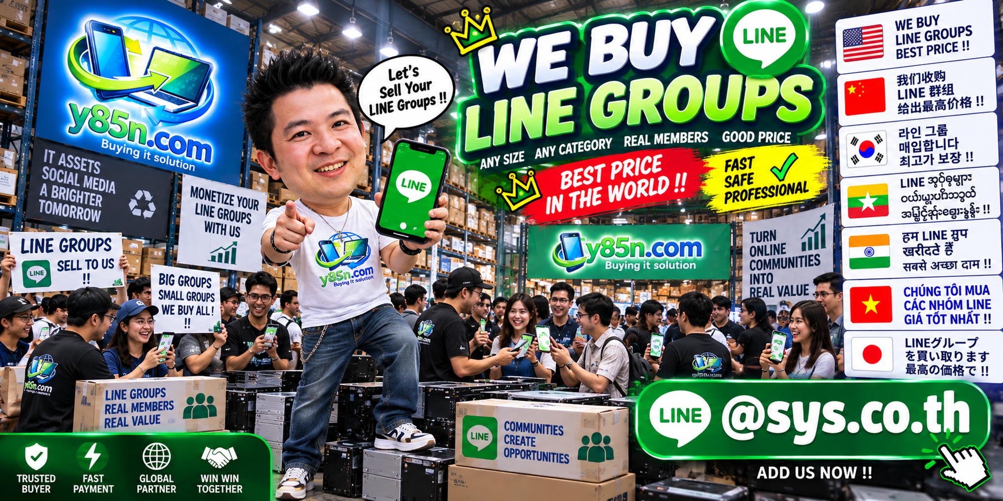 Y85N.com warehouse style LINE group buying scene for international sellers in Thailand