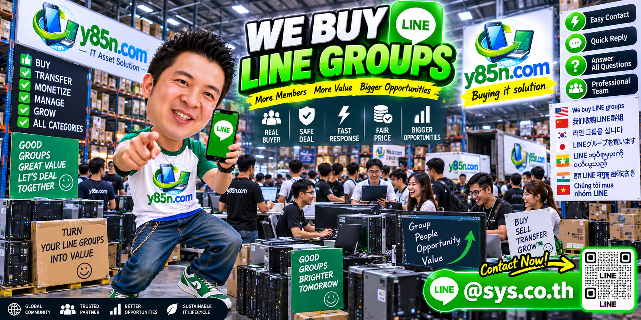 Y85N.com LINE group buying service contact banner with LINE at sys.co.th